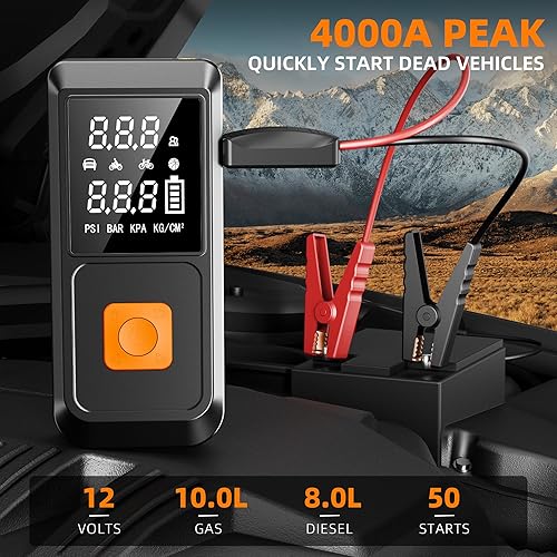 Miniatura 2 de Arrancador con compresor de aire, 4000A 12V batería de coche caja de arranque (10.0L Gas8.0L Diesel) con cables de puente, pantalla LCD, inflador de