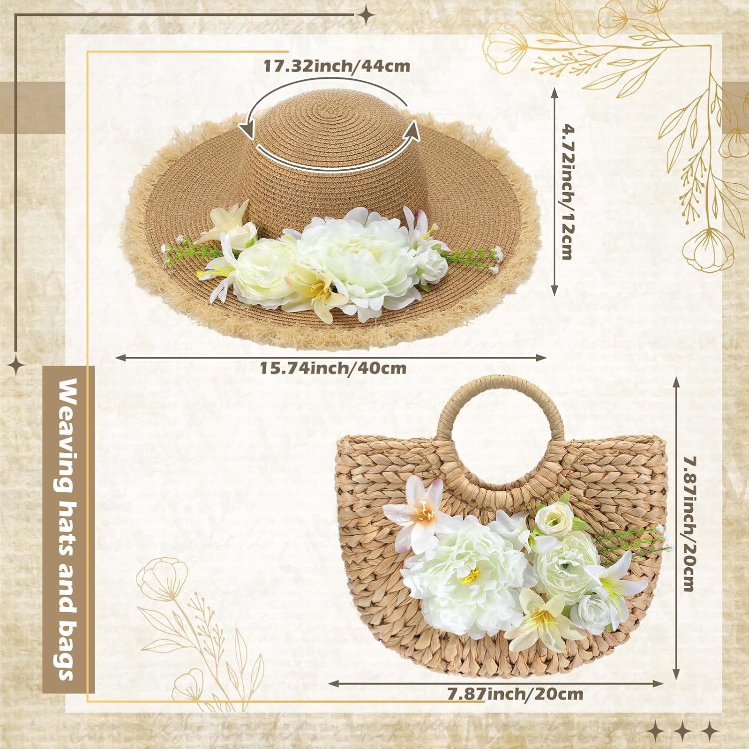 JenPen 2 Pcs Women Beach Sun Hat Floral Straw Bag and Hat Set Boho Rattan Bag for Women Tea Party Bridal Shower Victorian