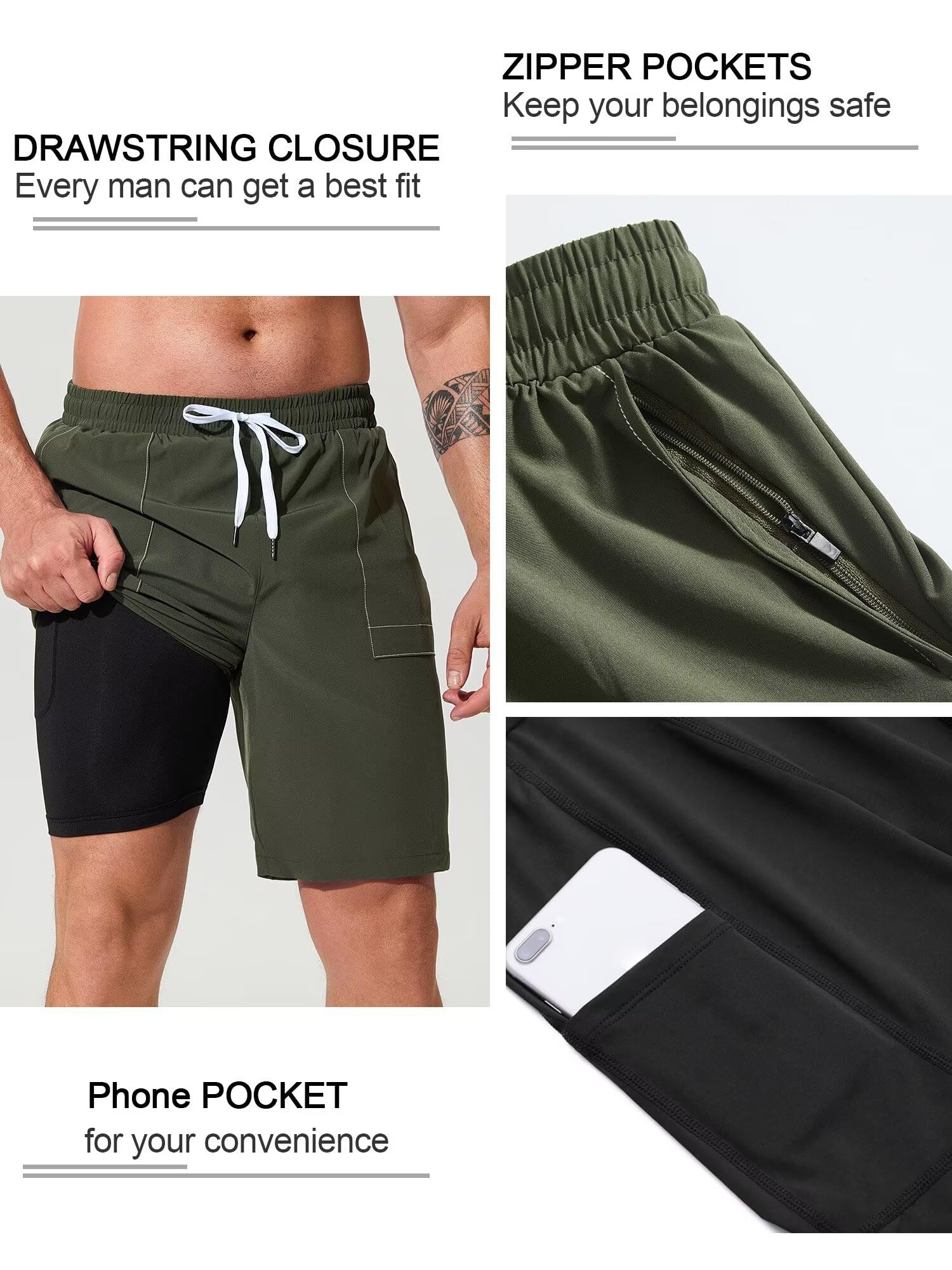 SILKWORLD Confezione da 2 pantaloncini sportivi da uomo per corsa, allenamento, 22,9 cm, ad asciugatura rapida, per sport, palestra, con tasche con cerniera