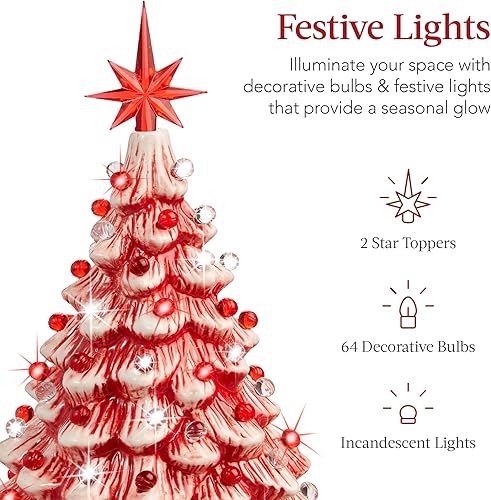 Miniatura 3 de Best Choice Products Árbol de Navidad de cerámica de 15 pulgadas, árbol de Navidad pintado a mano preiluminado, 2 adornos de estrellas, 64 luces,