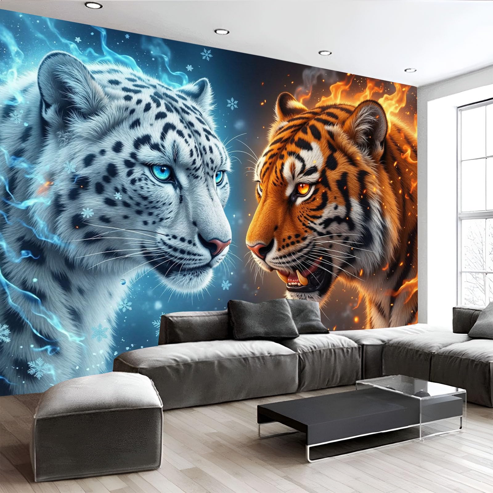 Papier Peint Panoramique Animaux Fantastiques Glace Feu Bleu Orange Tapisserie XXL 450X315Cm