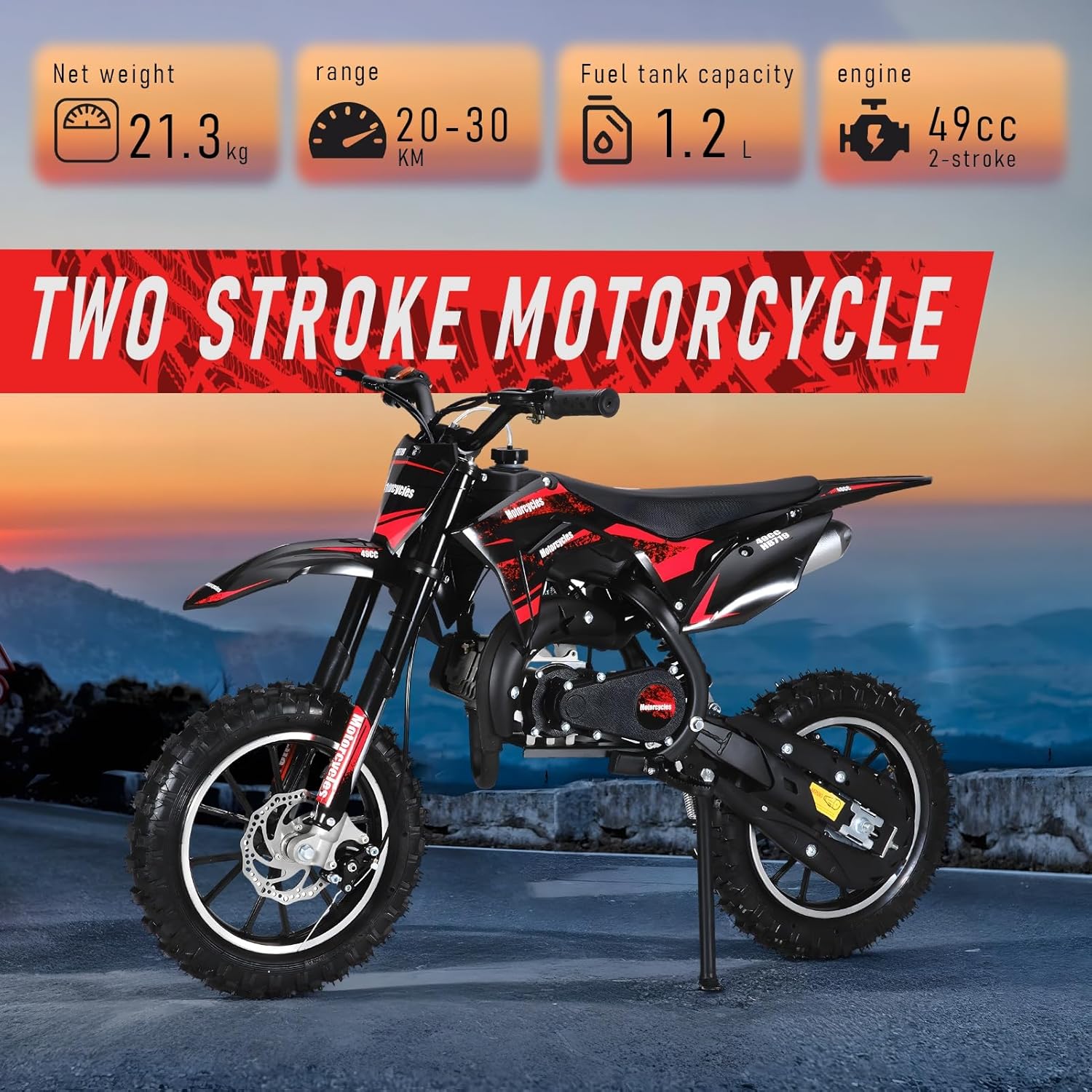 49cc Mini Dirt Bike for Kids & Teens, 2-Stroke Gas Powered Pocket Bike with 10" Off-Road Tires, Front Rear Disc Brakes, Pull Start, Hydraulic Shocks, Up to 25 MPH Red