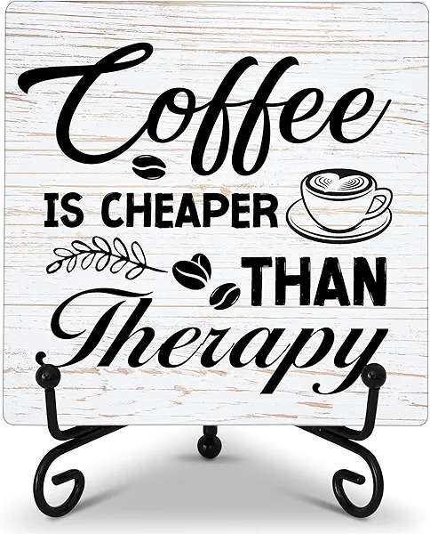 Cazhes Coffee Bar Sign, Coffee Station Accessories Gifts for Women Men, White Farmhouse Wooden Plaque with Iron Stand for Home Office Corner Tabletop Shelf - F24