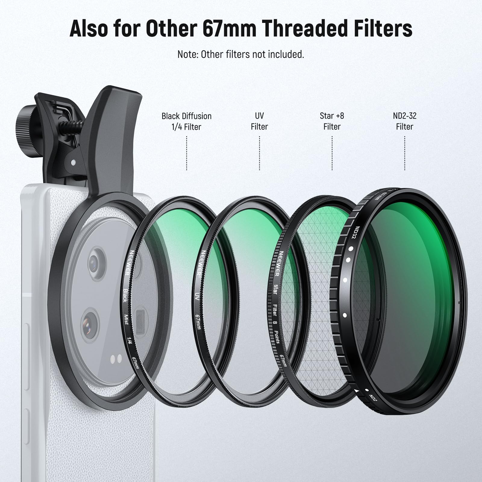 NEEWER Set Filtro ND 67mm 7pz Compatibile con Android Samsung Google Pixel Huawei Xiaomi, CPL+ ND32 + Starlight +GND (Rosso/Arancione/Giallo/Blu), Kit Accessori Fotografia per Lente Fotocamera, FL-P11