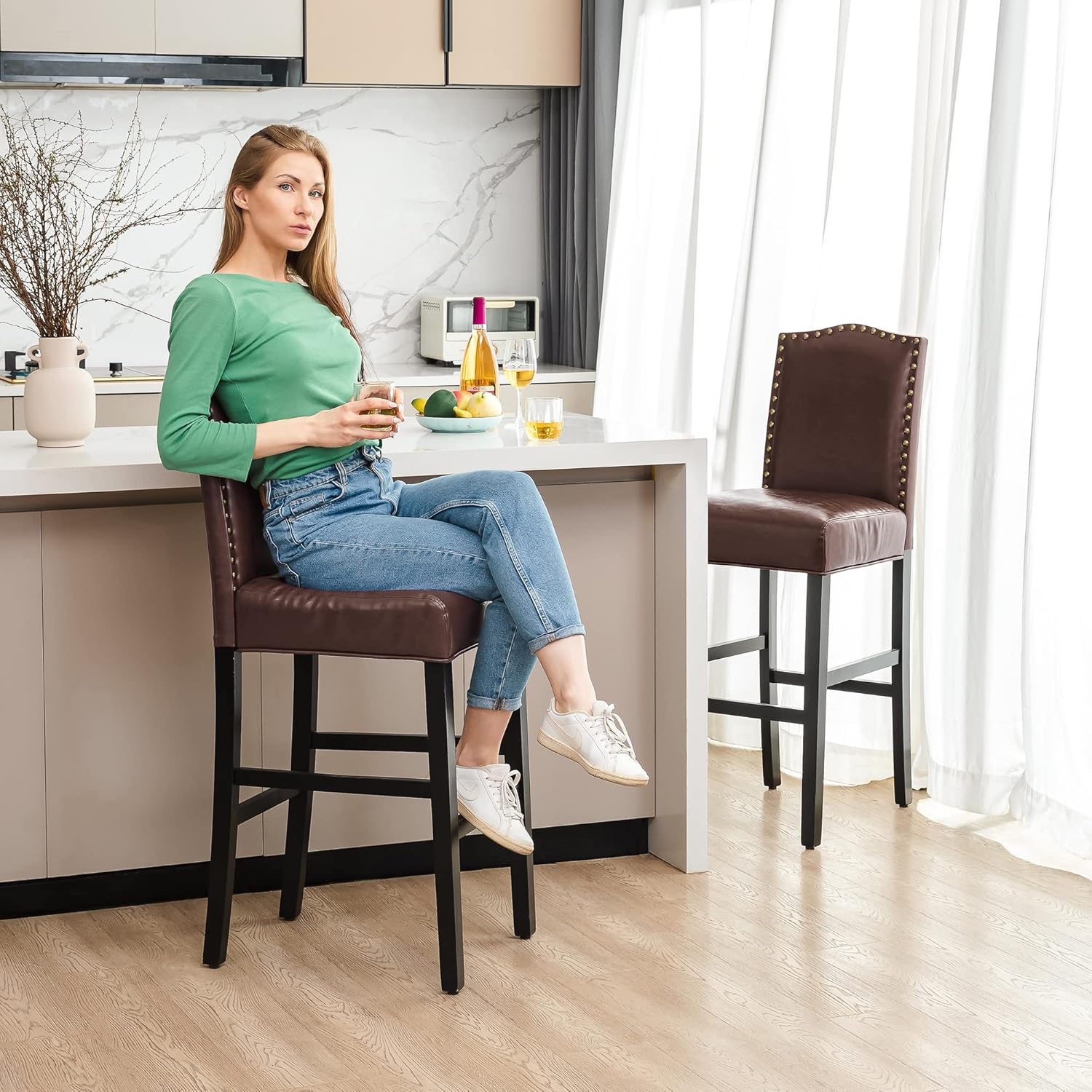 glitzhome Bar Stools Set of 2, 45" H Coffee Bonded Leather