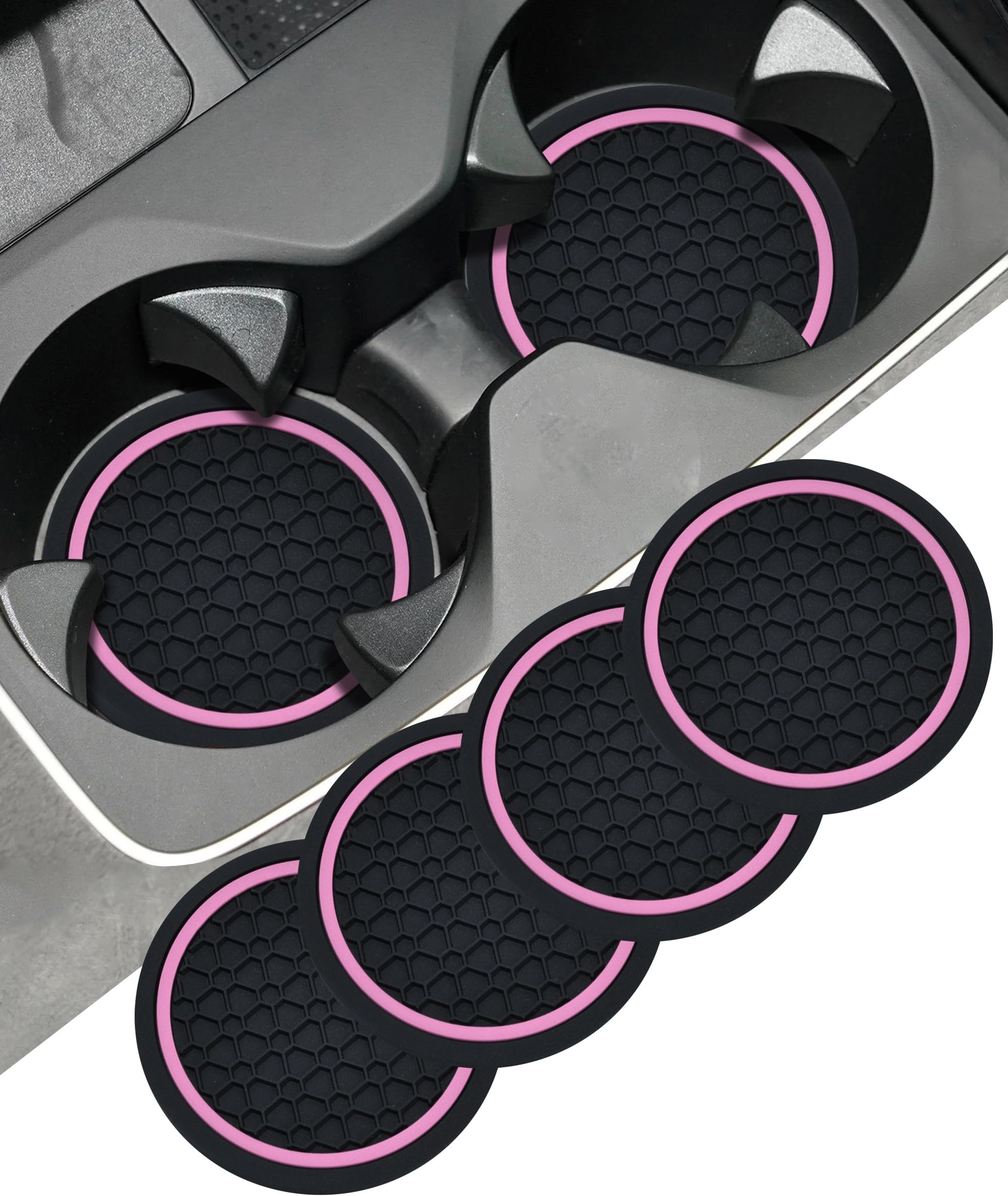 4PCS Car Coasters,Car Accessories Interior,2.75 Inch Car Cup Holder Coaster,Non-Slip Automotive Insert Cup Holder Pad,Vehicle Interior Decorative,Suitable for Most Cars,Trucks (Black Pink)