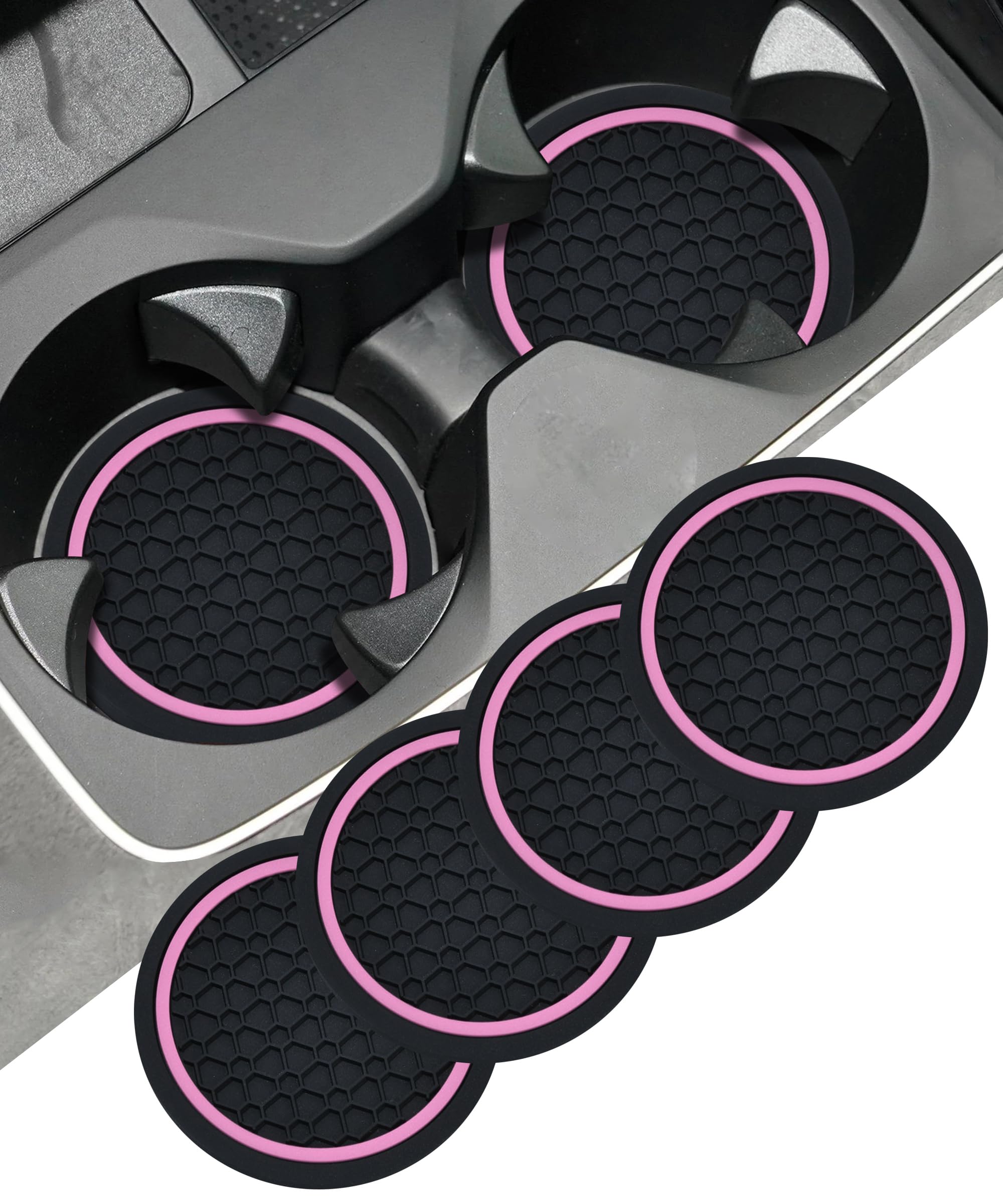 4PCS Car Coasters,Car Accessories Interior,2.75 Inch Car Cup Holder Coaster,Non-Slip Automotive Insert Cup Holder Pad,Vehicle Interior Decorative,Suitable for Most Cars,Trucks (Black Pink)