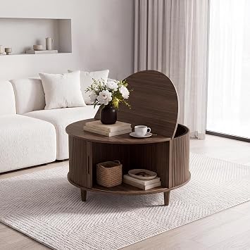 31.5 Round Coffee Table, Fluted Coffee Table with Storage and Sliding Cabinet Door, Mid Century Modern Table for Living Room, Small Space, Walnut
