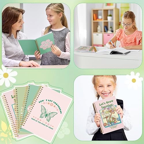 Miniatura 7 de Cholemy Paquete de 4 cuadernos estéticos de tapa dura rosa y verde, tamaño A5, 5.7 x 8.3 pulgadas, lindo cuaderno a rayas en espiral, diario de