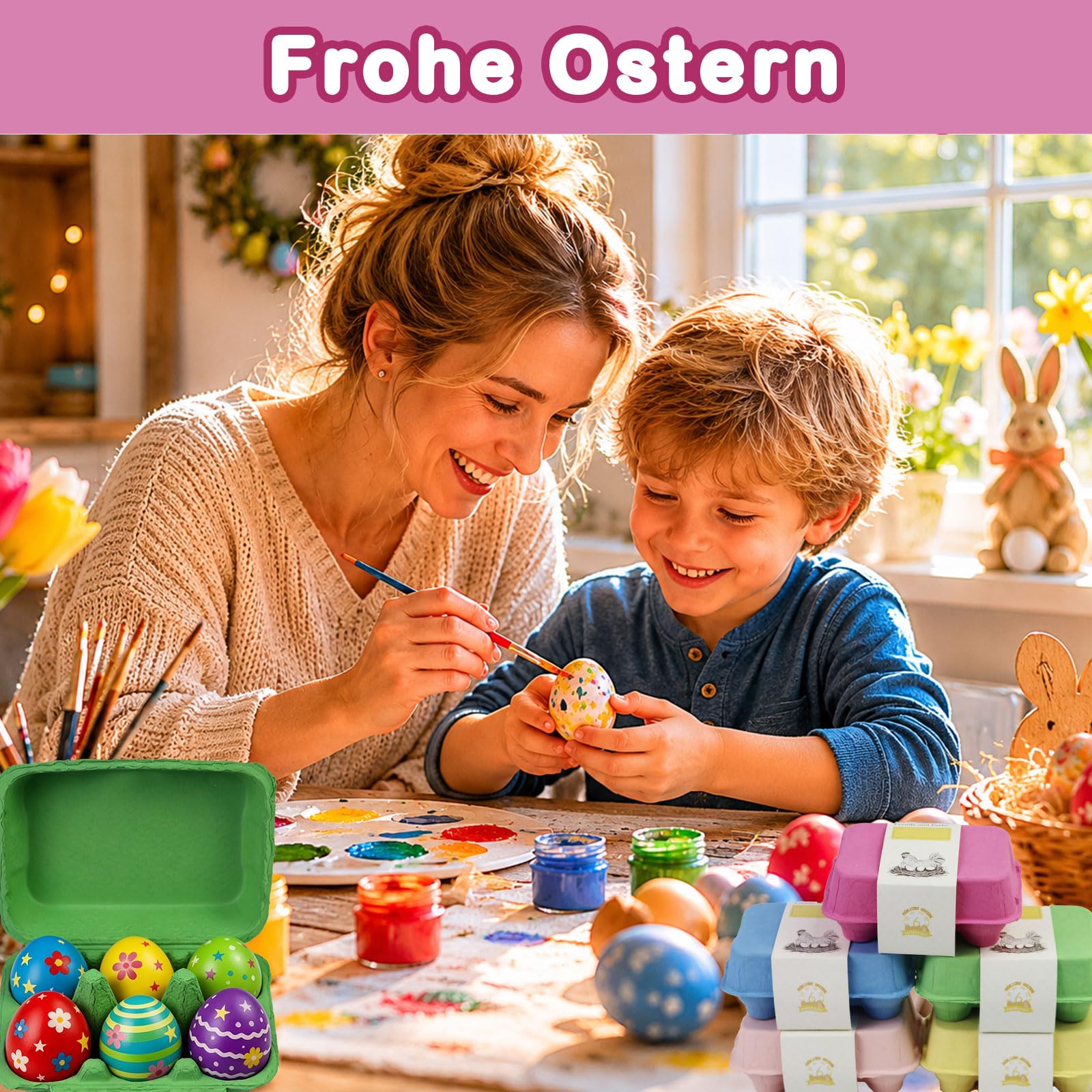 Mervino Eierkarton mit beschriftbarem Gürtel, bunte 6er Eierschachtel aus festem Naturzellstoffpapier - wiederverwendbar für DIY Ostern, Handwerk & Aufbewahrung von Hühner- und Enteneiern (15)
