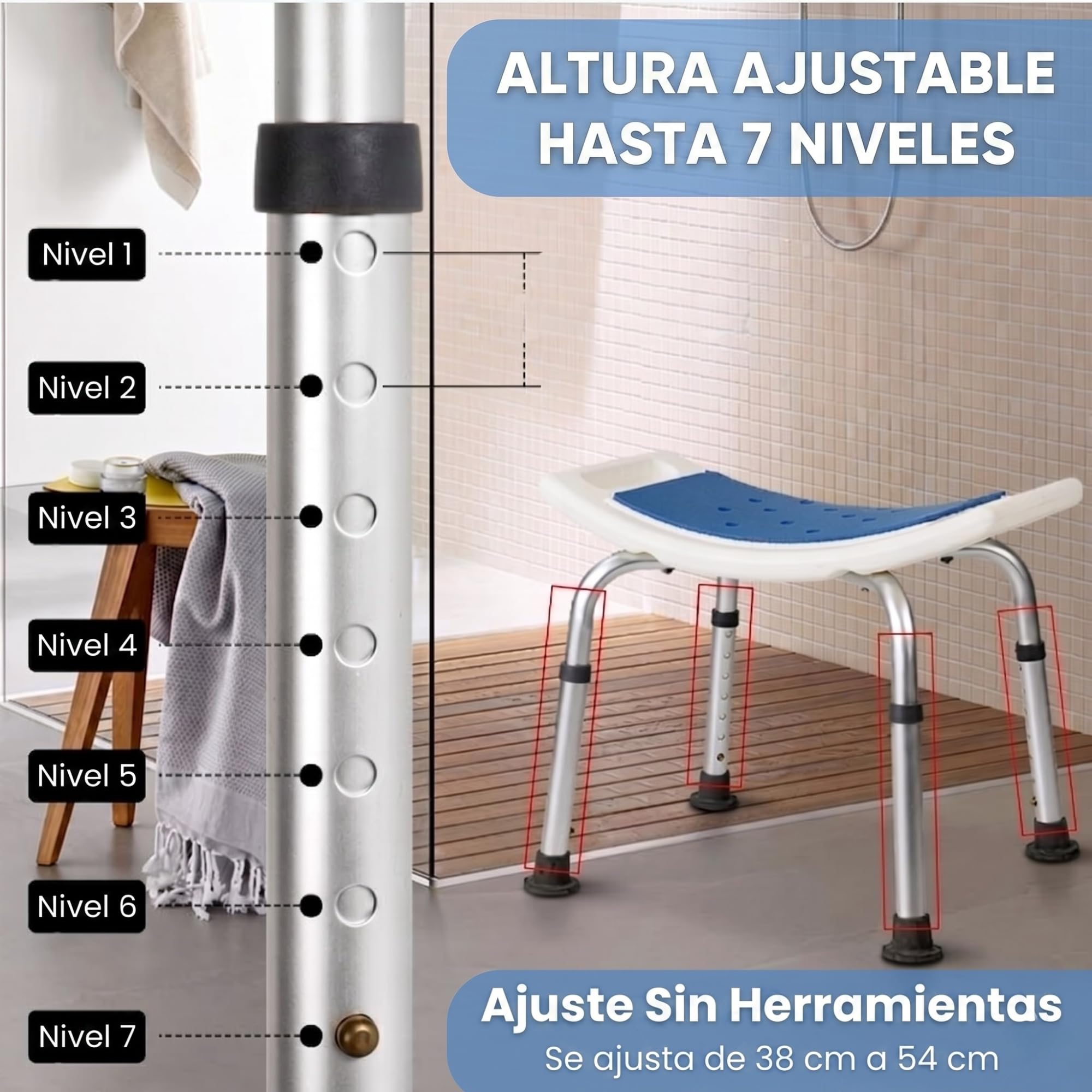 Taburete de Baño en U para Mayores y Embarazadas - Asiento Antideslizante Regulable 7 Alturas Banqueta Estable y Ligera Fácil Montaje Soporta 135 kg Ortopédico y Seguro