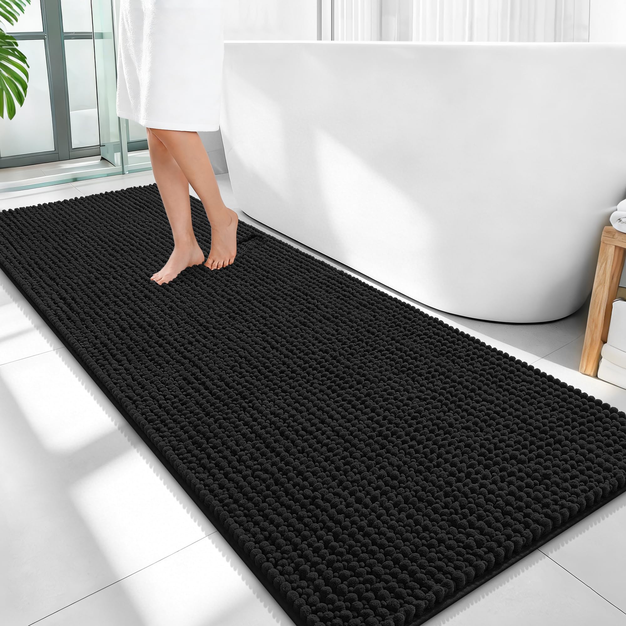 OLANLY Thick Chenille Bathroom Runner Rugs 59x24, Absorbent Bath Mat, Black