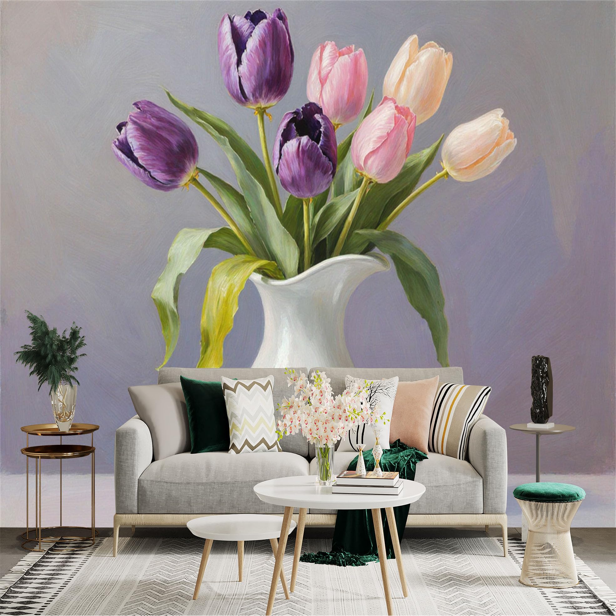 Custom Size Wall Sticker Mural， Bouquet of Purple and Pink Tulips， White Ceramic Vase， Still Life Oil Painting Art， for wall Decoration， peelandstick wall Decals.