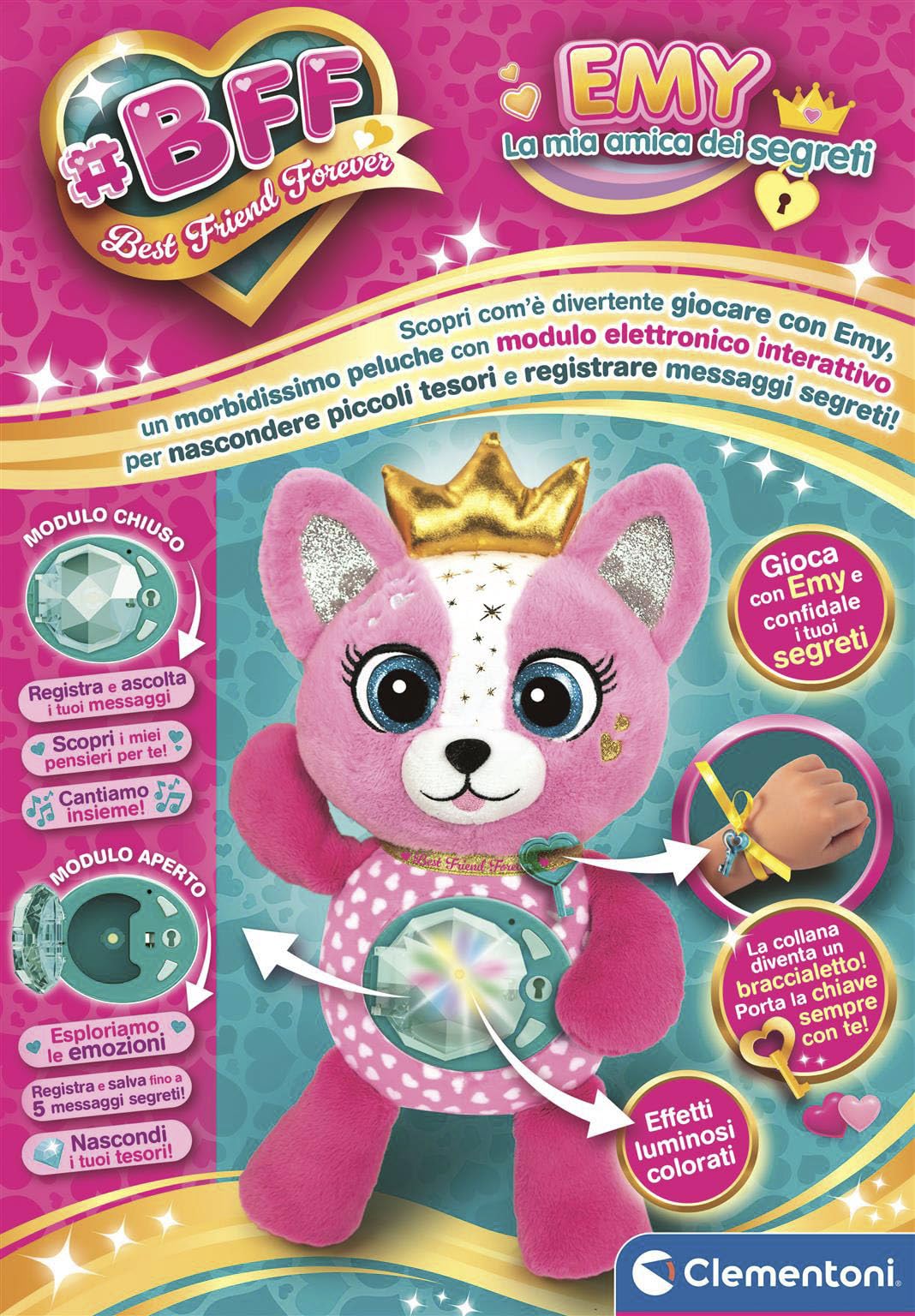 Clementoni - BFF Emy - La Mia Amica dei Segreti, Peluche Interattivo con Modulo Elettronico e Effetti Luminosi, Gioco per Bambini 4-6 Anni per Registrare Messaggi e Nascondere Tesori, 16680