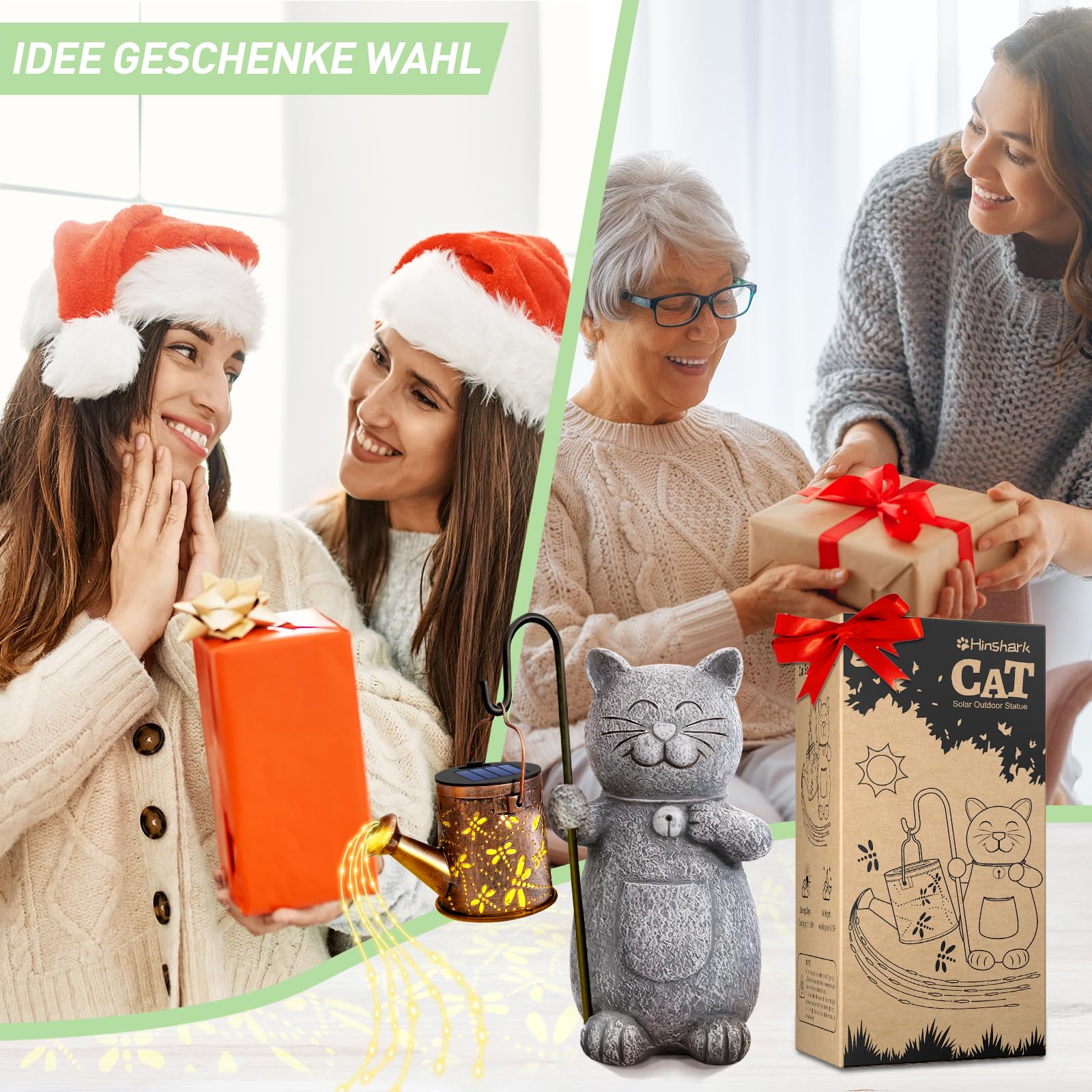 Hinshark Geschenke für Frauen Mama, Katze Garten Deko Gartenstatuen mit Solar Laterne, Geburtstagsgeschenk für Frauen, Gartendeko für Draußen Wetterfest, Geschenke für Frauen Weihnachten