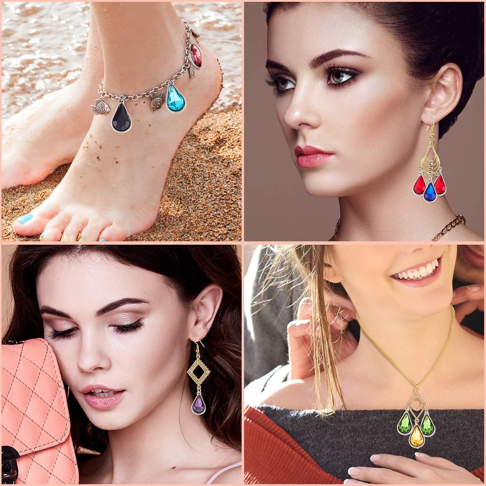 SUNNYCLUE Kit 16 Pezzi Ciondoli In Vetro A Goccia E Ovale Per Gioielli Fai Da Te - Cristallo Trasparente Con Strass In Ottone - Scatola Inclusa