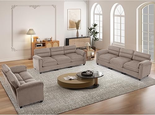 Miniatura 62 de Juego de sofá de pana, otomana tapizada, sofá de dos plazas y sofá de 3 plazas con cojines mullidos y brazos redondeados, juegos de muebles modernos