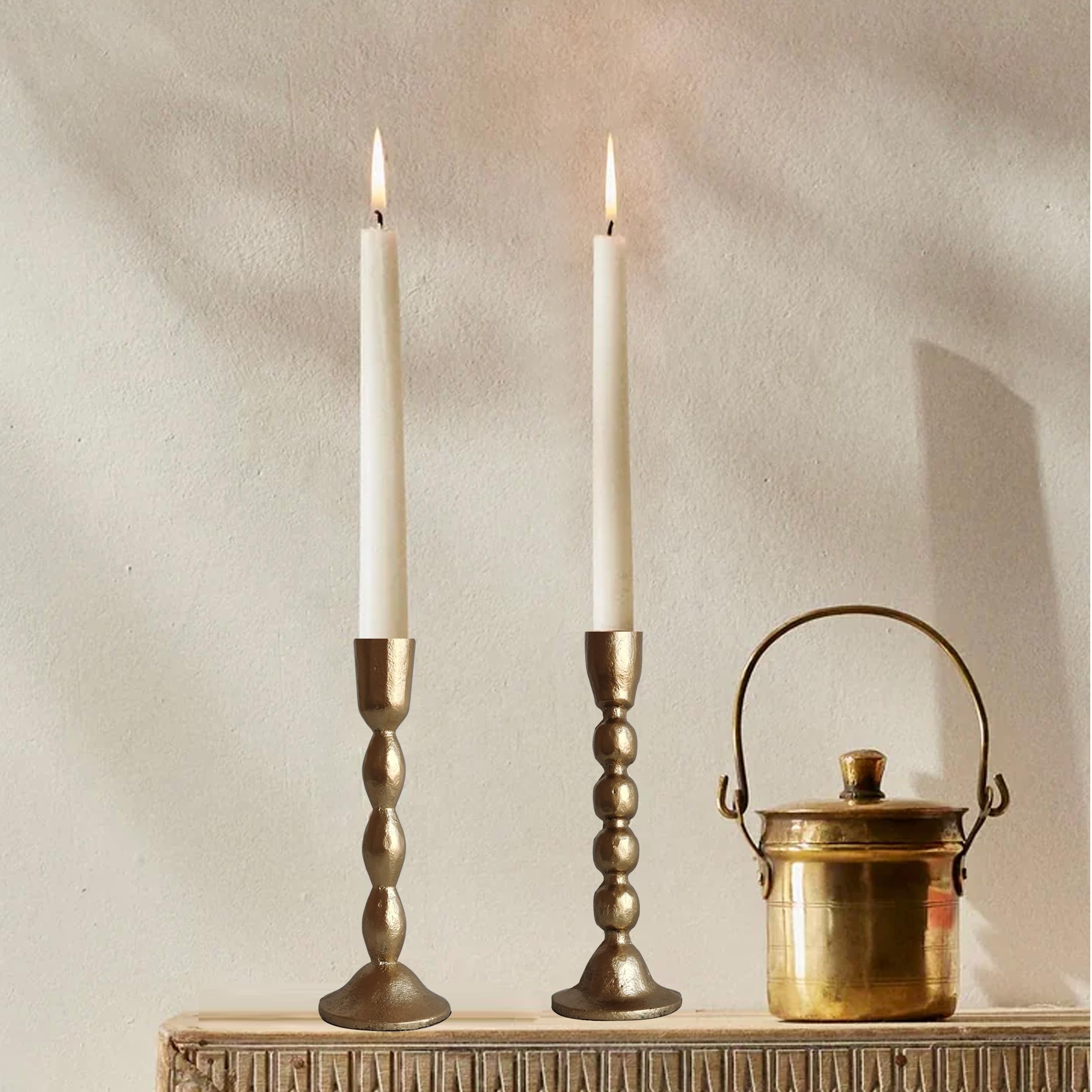 Kerzenhalter aus antikem Eisen, Set mit 2 dekorativen Kerzenleuchtern, Messing-Finish, Kerzenständer für Hochzeiten, Abendessen und Partys