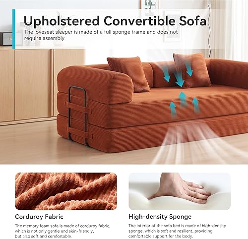 Miniatura 6 de Sofá cama convertible con 2 almohadas, futón de pana moderna, sofá modular con cama extraíble, sofá biplaza para sala de estar, apartamento de