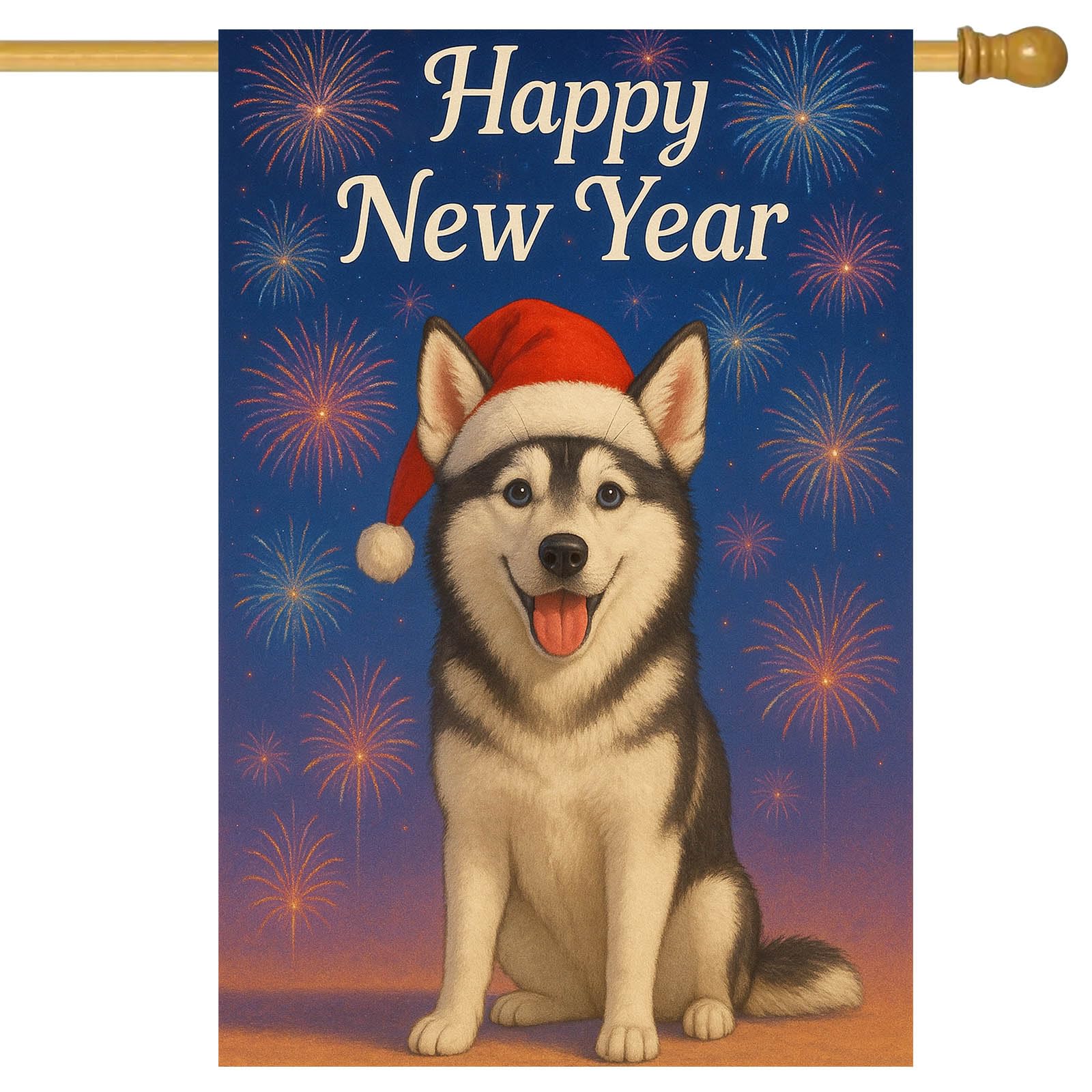 Drapeau de maison Happy New Year grand format contre la grisaille hivernale