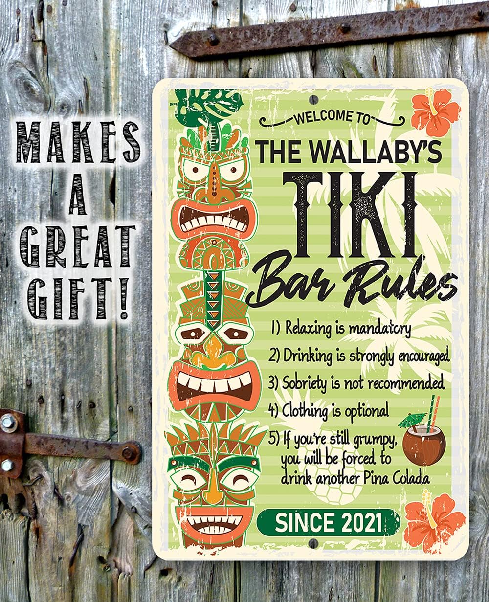 Personalized Tiki Bar Rules - Tropical Tiki Decoration Outdoor Patio, Custom Pool Accessories and Bar Decor, Above Ground Pool Side Display, 8x12 or 12x18 Indoor or Outdoor Rustic Style Metal Tin Sign