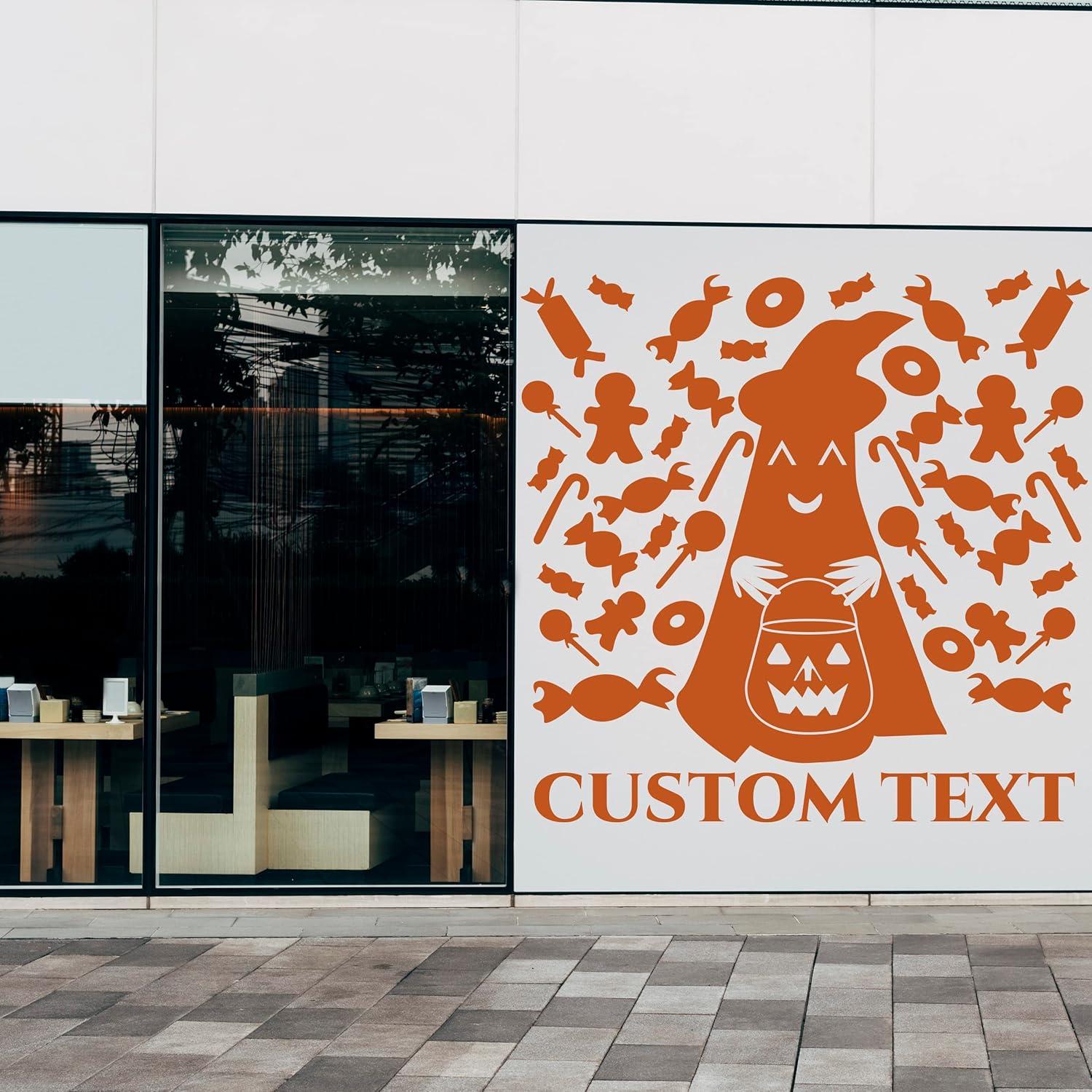 Cute Witch with Pumpkins and Choice of Size in Inches and Font for Custom Text on Halloween Window Coffee Shop Forefront - Large Halloween Decal with Spooky Patterns 35x35 in inches
