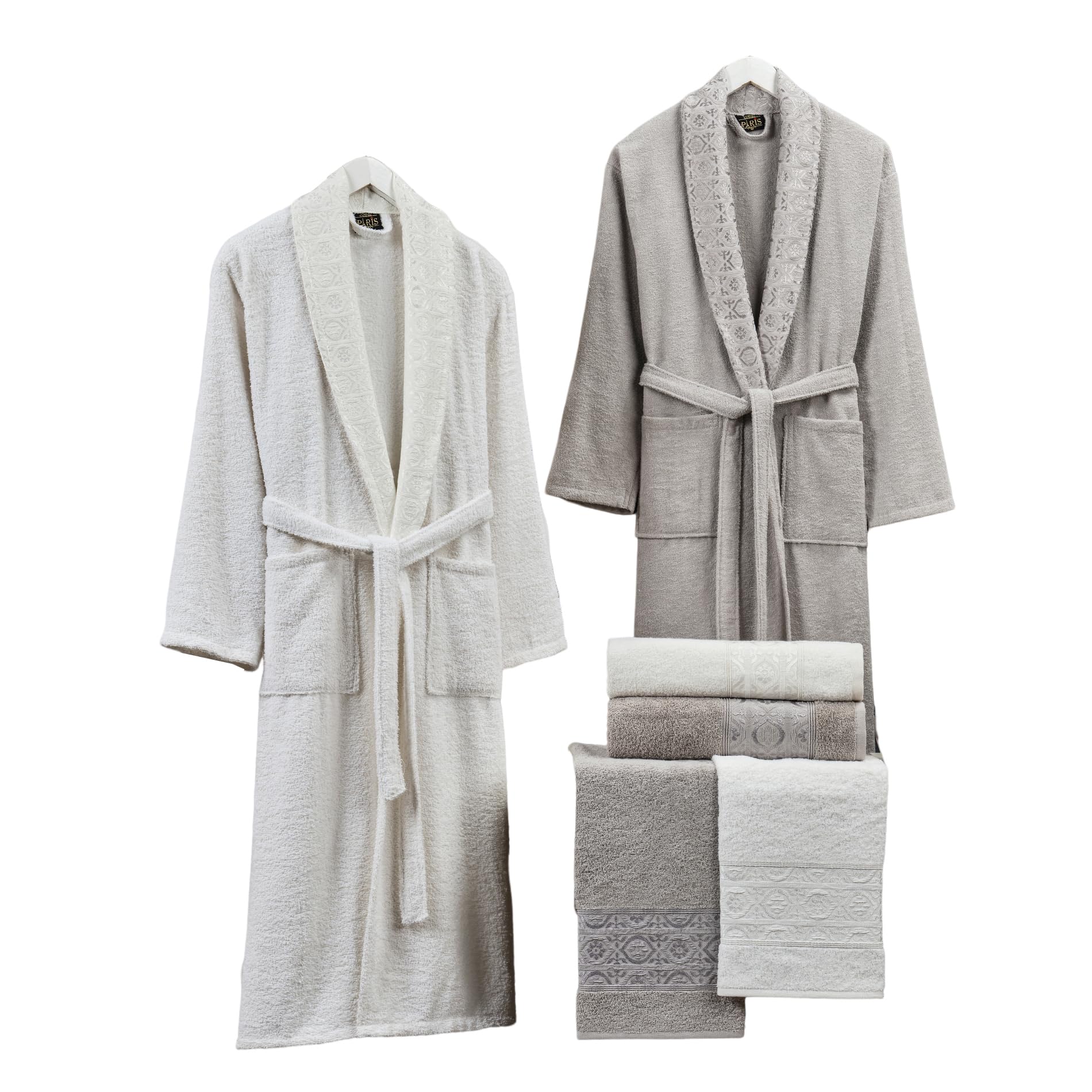 Villa Paris 6-Piece Turkish Terry Cotton Jacquard Family Bathrobe Set 420 GSM Couple Bathrobes Bridal Shower Gift Set with Matching Bath Towels and Hand Towels in Attractive Gift Box