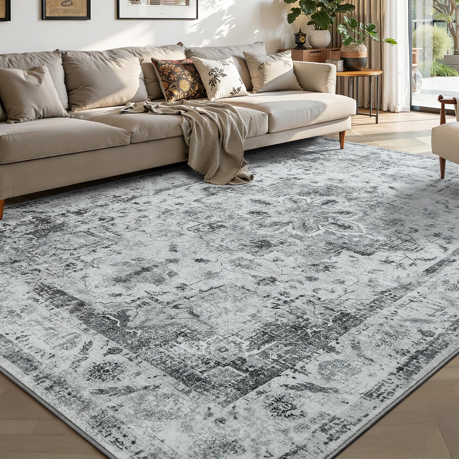 YOH Boho Washable Rug 5x7, Light Gray Vintage Non Slip Area Rug, Distressed Indoor Carpet for Living Room Bedroom Kitchen Office