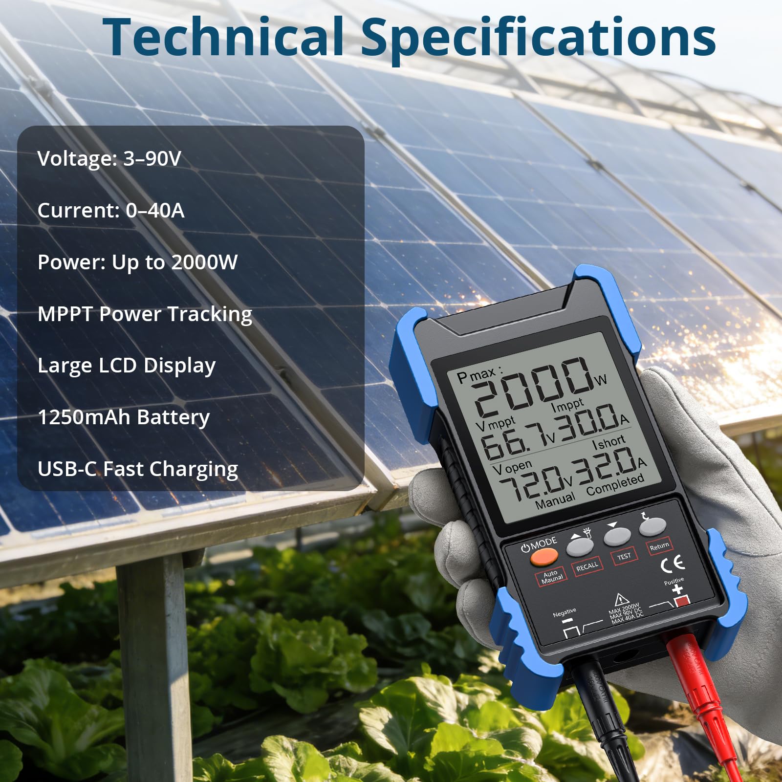 2000W Solarpanel Tester MPPT Photovoltaik Messgerät 3-90V/40A, PV Messer mit LCD Display, Akku & MC4 Anschluss für Solarpanel Prüfung