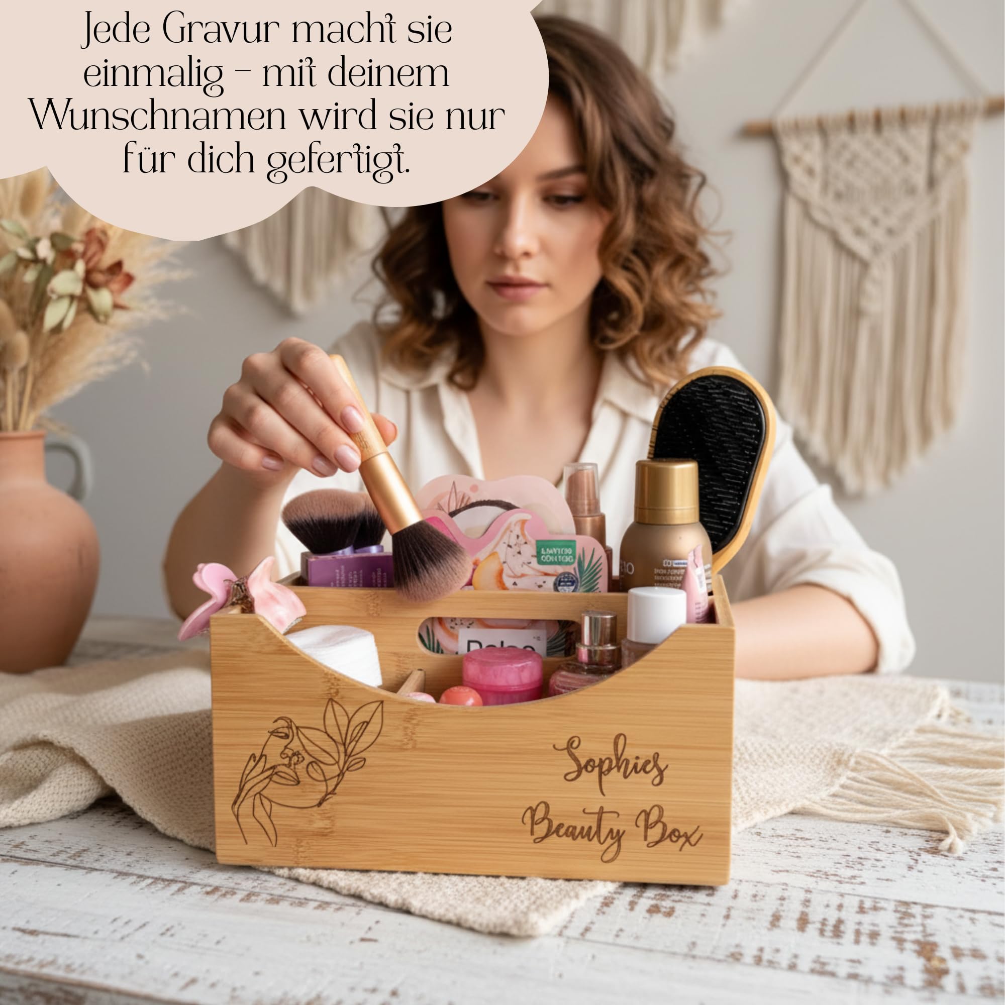 Kosmetik Organizer Bambus personalisiert – Beauty Box mit Gravur (Name), Make-up Ordnungssystem für Pinsel, Lippenstifte, Mascara & Accessoires, Geschenkidee Geburtstag & Weihnachten