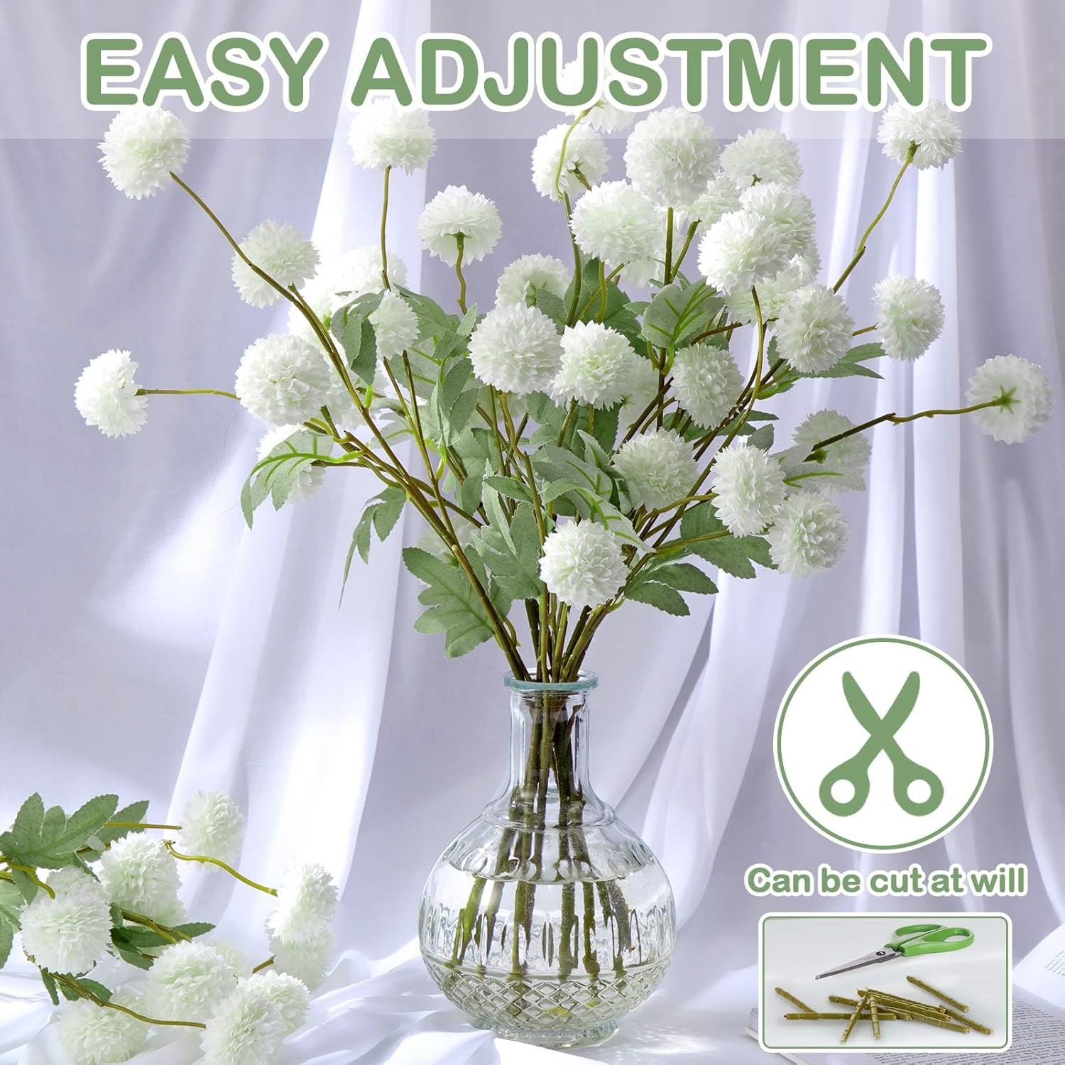 12 Pcs Artificial Pom Pom Mums Spring Faux Kiku Chrysanthemum Ball Floral Stems for Wedding Centerpieces Mother's Day Bouquet & Table Vase Decor(Milk White)