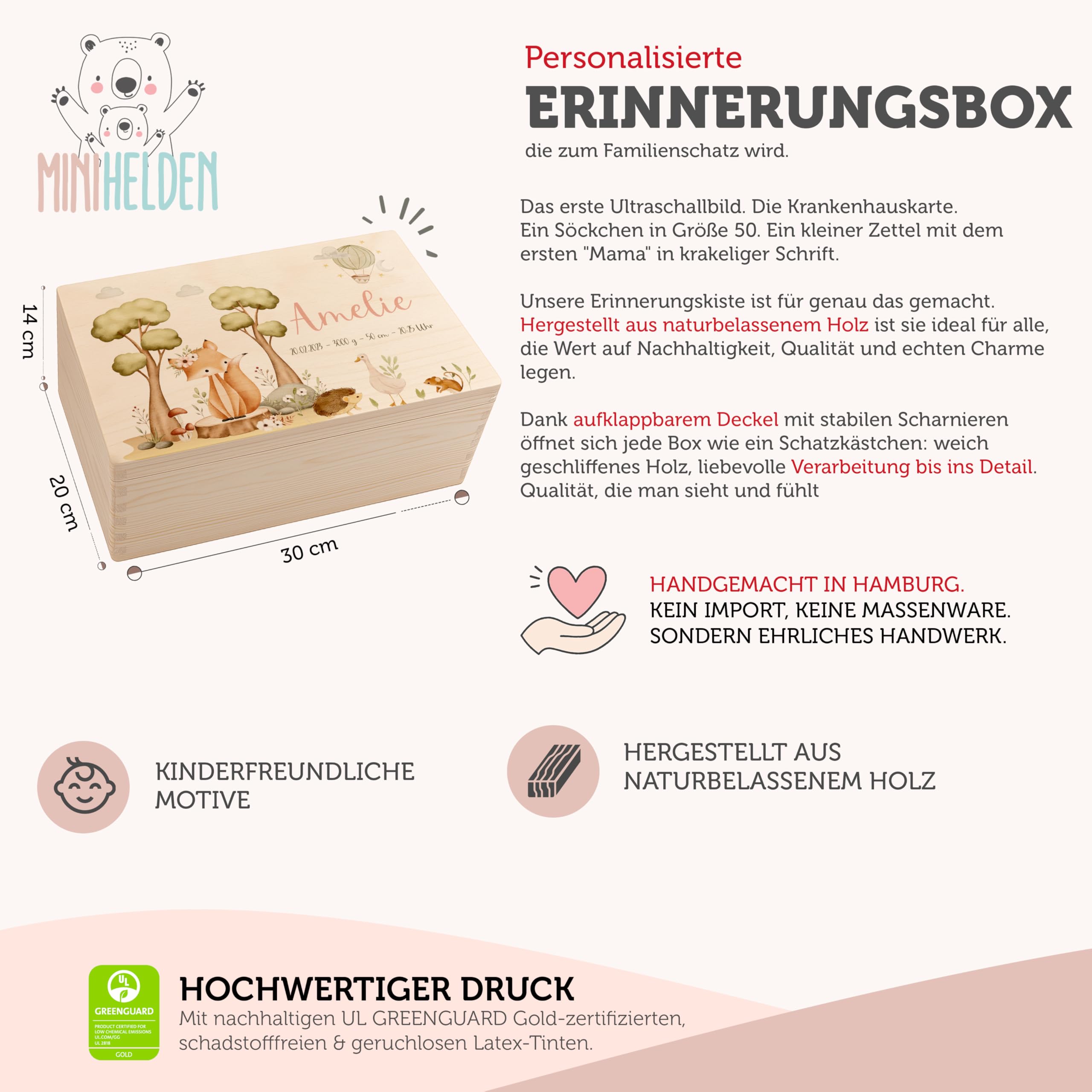 Erinnerungsbox Baby - Personalisierte Geschenke mit Namen | Holzkiste mit Deckel bedruckt mit Schadstofffreie Latextinte - Geschenke zur Geburt & Taufgeschenke für Mädchen & Jungen