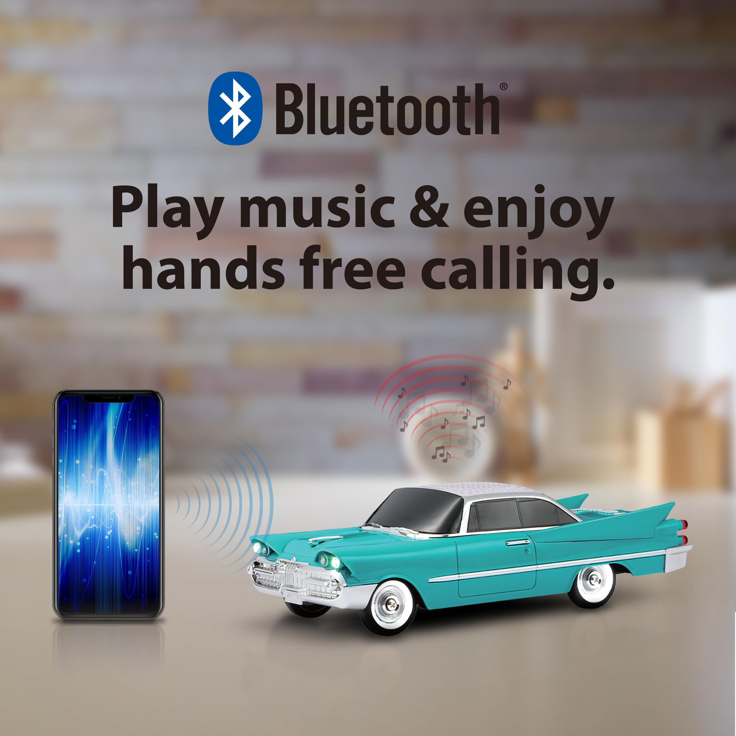 QFX Bluetooth 1959 Retro Classic Car Speaker, Dual 2-inch Speakers, Hands-Free Link, Built-in Microphone, FM Radio, and LED Party Lights, Emerald - BT-1959-EMR 1