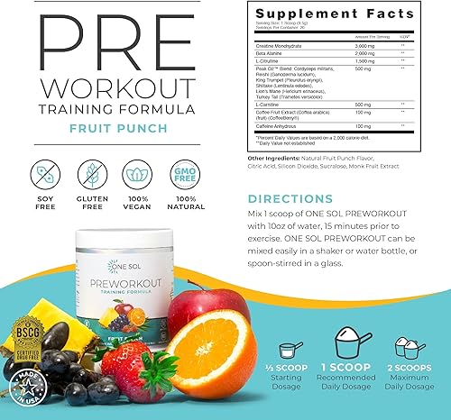 Miniatura 2 de One Sol Pre-entrenamiento para mujeres, mayor concentración y concentración, sin nerviosismo ni choque, ingredientes naturales, 100% vegano, sin