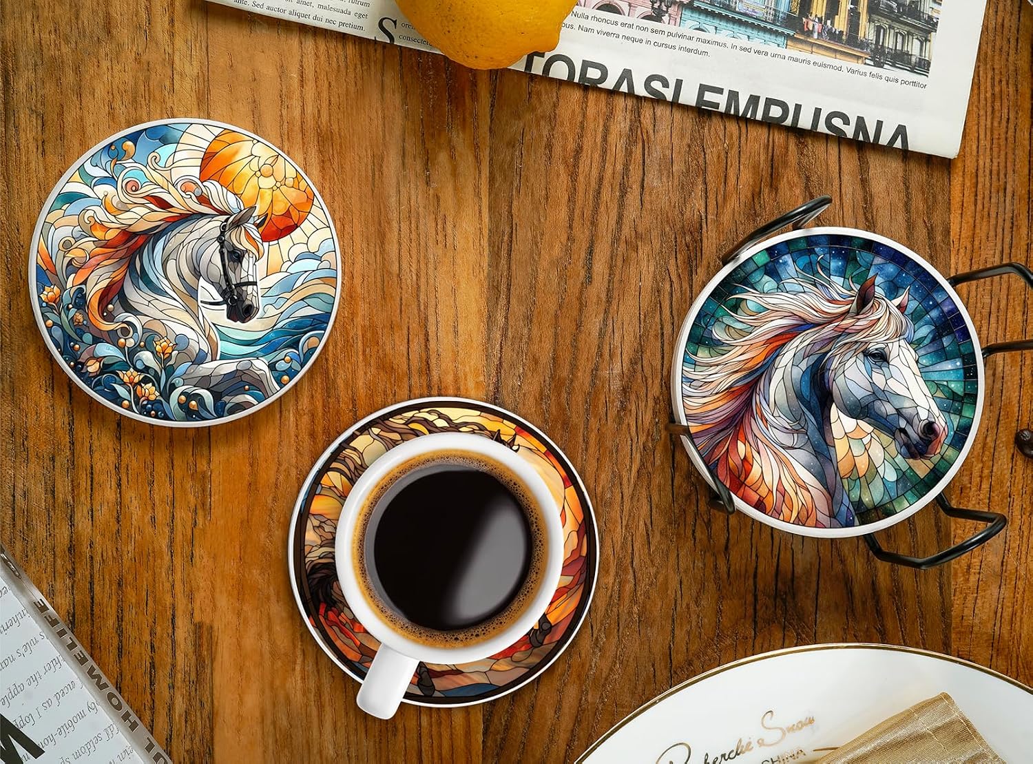 Onebttl Horse Gifts for Horse Lovers - Horse Theme Coaster Set of 6, Bar Coasters, Stained Glass Style