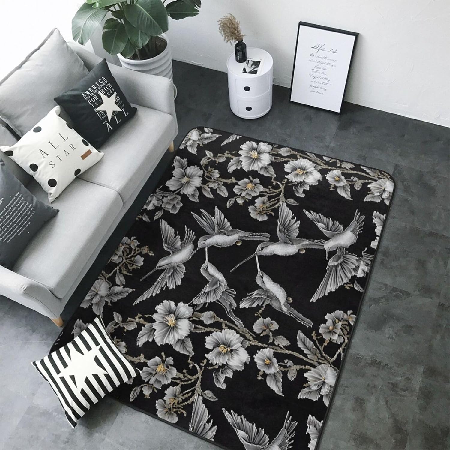 Flannel Non-Slip (Flower Hummingbirds Embroidery) Rug Pad 80×50in Soft Washable Protective for Hardwood Floors Bedroom Bathroom Living Room