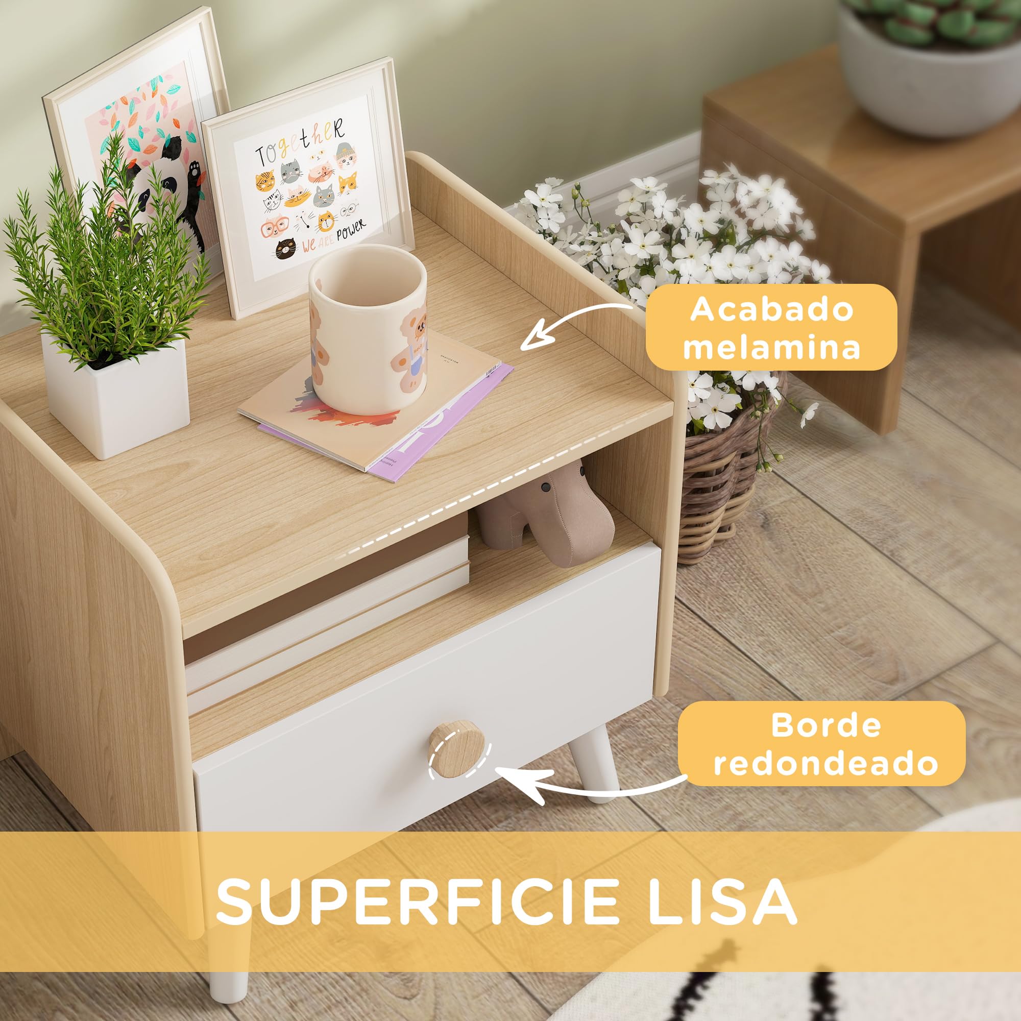 AIYAPLAY Mesita de Noche Infantil de Madera, Mesita de Noche para Niños de +3 Años con Cajón y Bordes Redondeados, para Dormitorio, Blanco y Roble