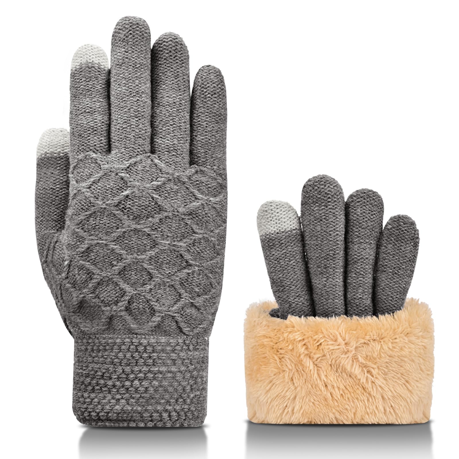 Kakalatlj Men's Gray Thermal Gloves, Winter Gloves Touch Screen Double-Layer Windproof Gloves For Winter Running Ski Hiking (Gray)