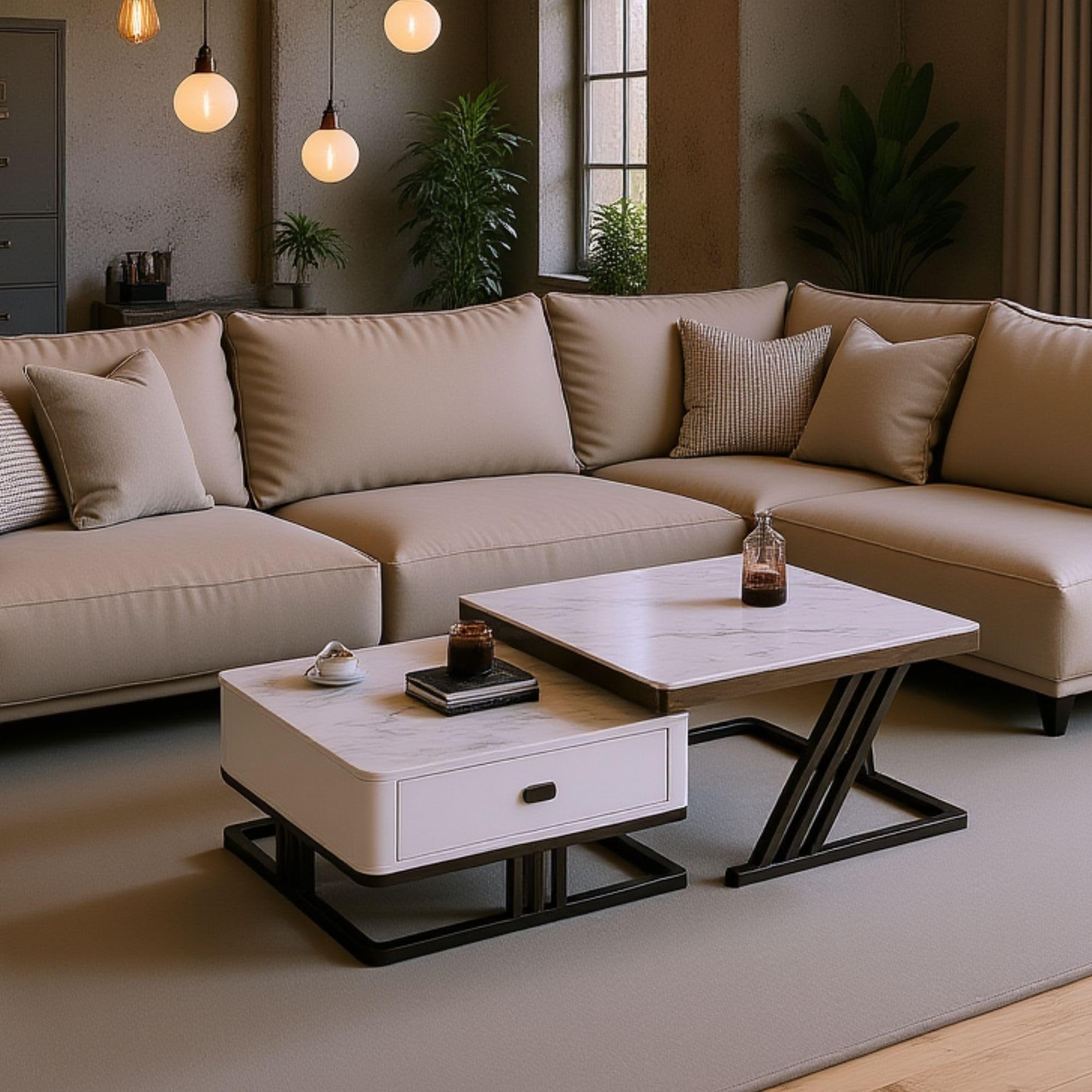 RIZIK Stores™ Iron Frame Handmade Drawer Square Coffee Table/Nesting Table/Side Table/Center Table with Engineered Wood Top for Living Room/Drawing Room/Balcony (White Black, 24"x24")