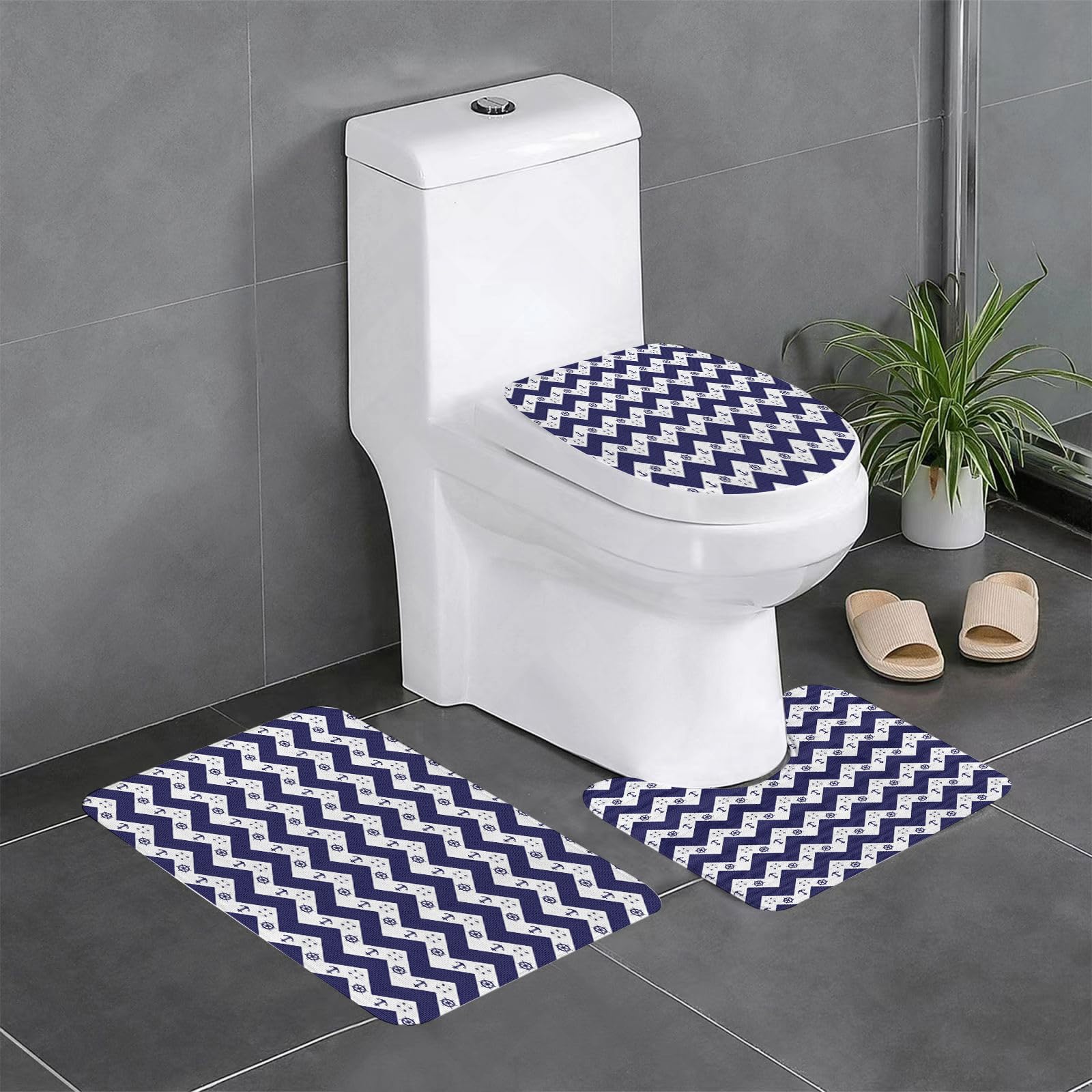 EYLOZS Bathroom Set, Rugs Sets 3 Piece,Anti-Slip, arrows geometric design anchor life ring ship's wheel navy blue and white,Absorbent Bath Mat for Tub, Shower, Room, Kitchen
