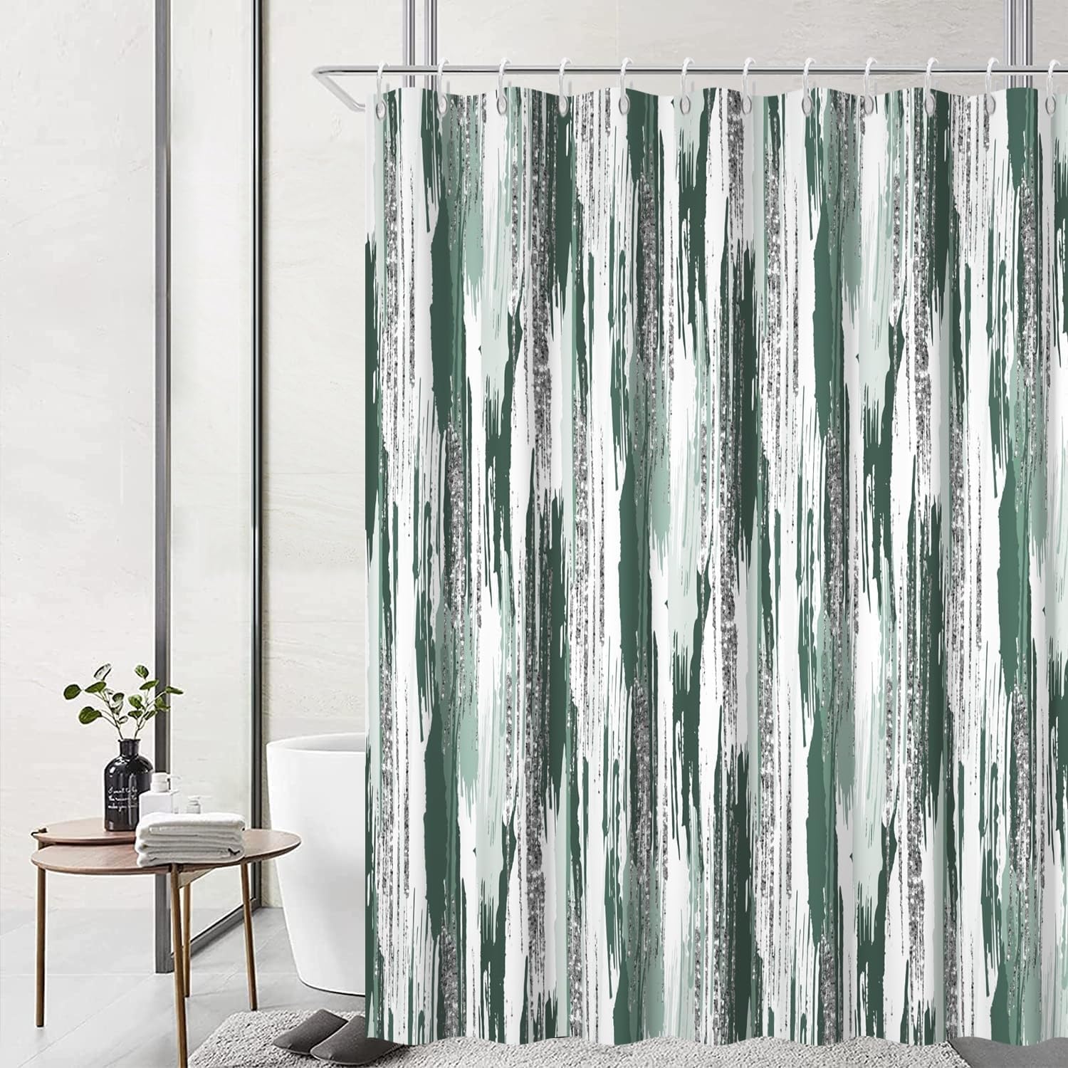 Green Shower Curtain, Modern Abstract Ombre Sage Green and Silver Shower Curtain Set with Hooks Waterproof Minimalist Aesthetic Bathroom Curtain, 72x72 Inch
