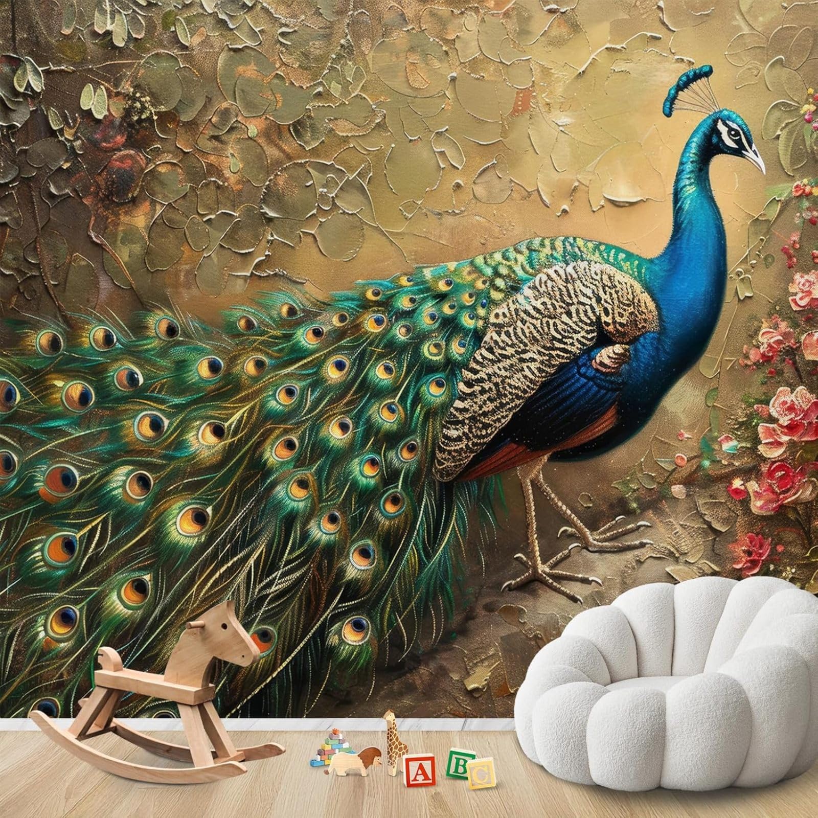 hgjdjhnf Photo Wallpaper Peacock with Flowers Non-Woven ModernWallpaper Living Room Bedroom Children's RoomDecoration Motif Wallpaper,200cmx140cmSticker - Background- Painting - Poster