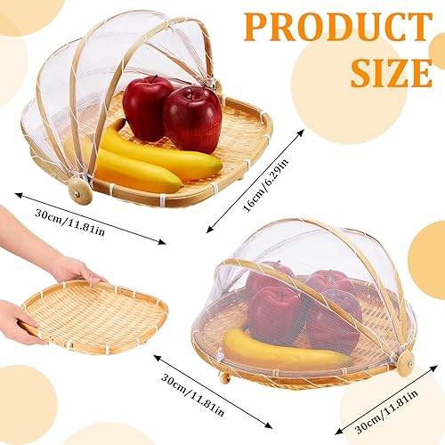 Miniatura 2 de 2 piezas cubiertas de bambú para servir alimentos para tienda de campaña al aire libre con cesta de almacenamiento de pan de gasa, cuenco de frutas