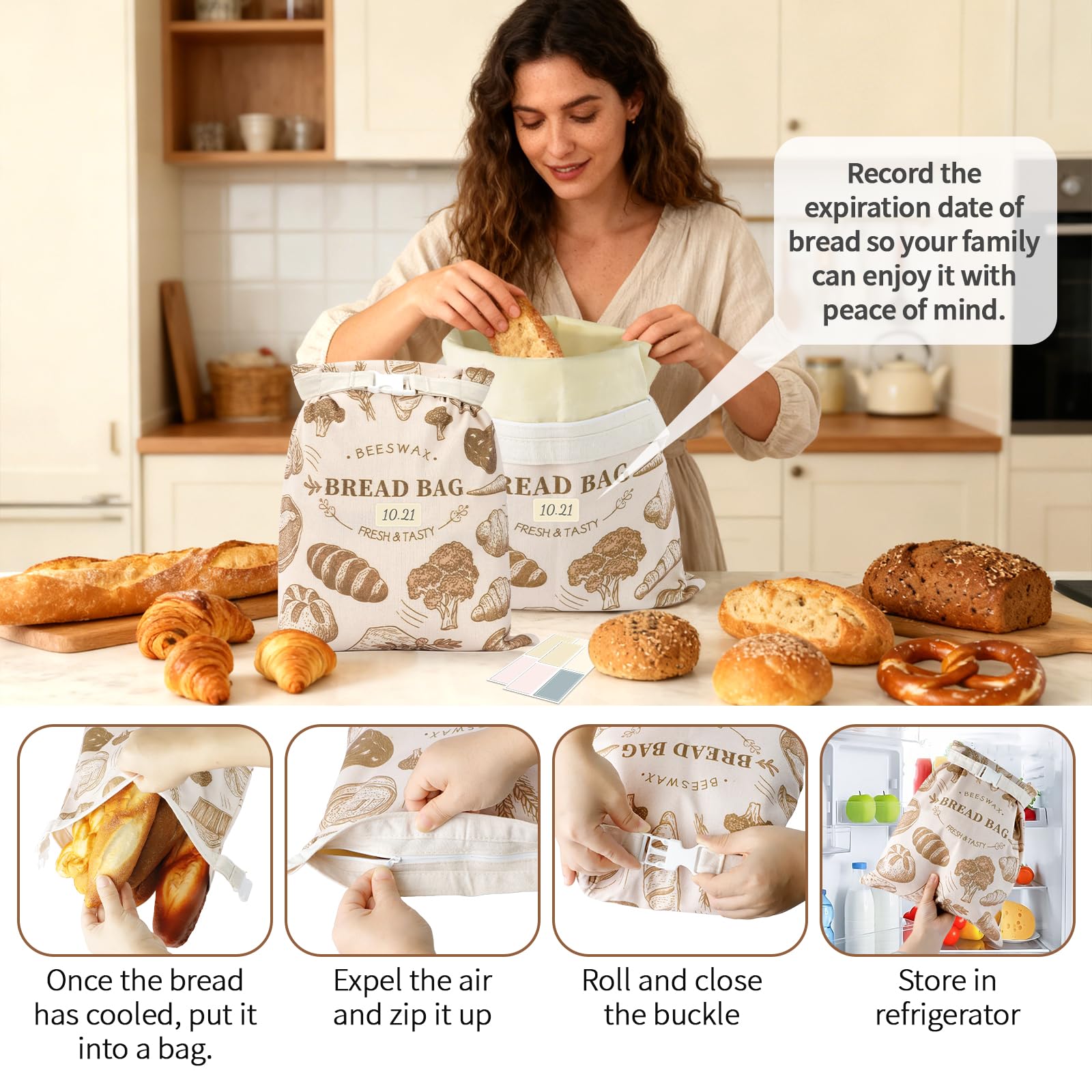 2 sacchetti per il pane di cera d'api, 43 cm x 33 cm, riutilizzabili, per pane e pane, stile 1