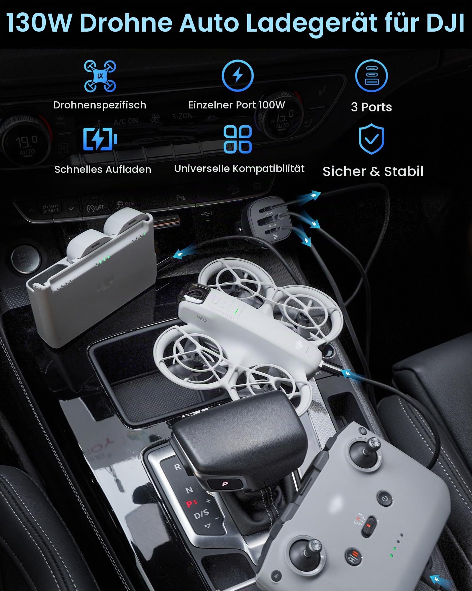 LKTOP 130W Drohne Auto Ladegerät Zigarettenanzünder für DJI, 3-Port USB-C/USB-A Kfz Ladegerät, Car Charger für DJI Mini/Air/Mavic 4 Pro/Mavic 3/Avata/Flip/Neo Series Drohne, Lade-Hub, Controller