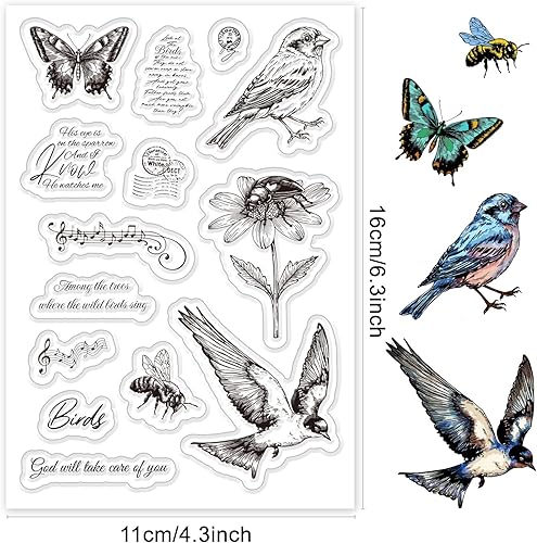 Miniatura 3 de INFUNLY Sellos transparentes de flores de pájaros retro para hacer tarjetas, insectos y sellos de texto, sellos de silicona transparente, sello de