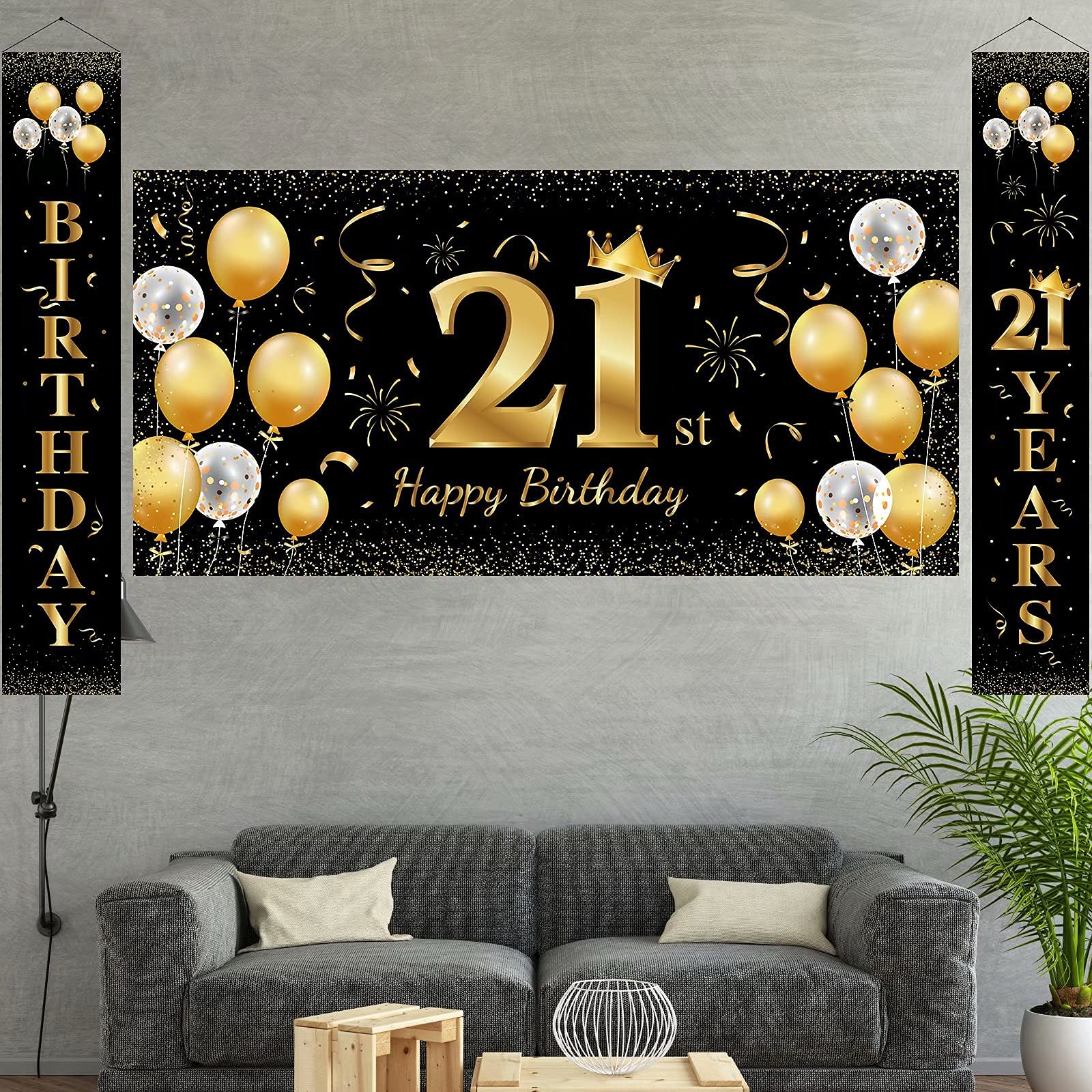 HOWAF 21. Geburtstag Banner Schwarz-Gold – 9x1,2 Ft | Stoff-Banner Für Fotohintergrund & Partydekoration