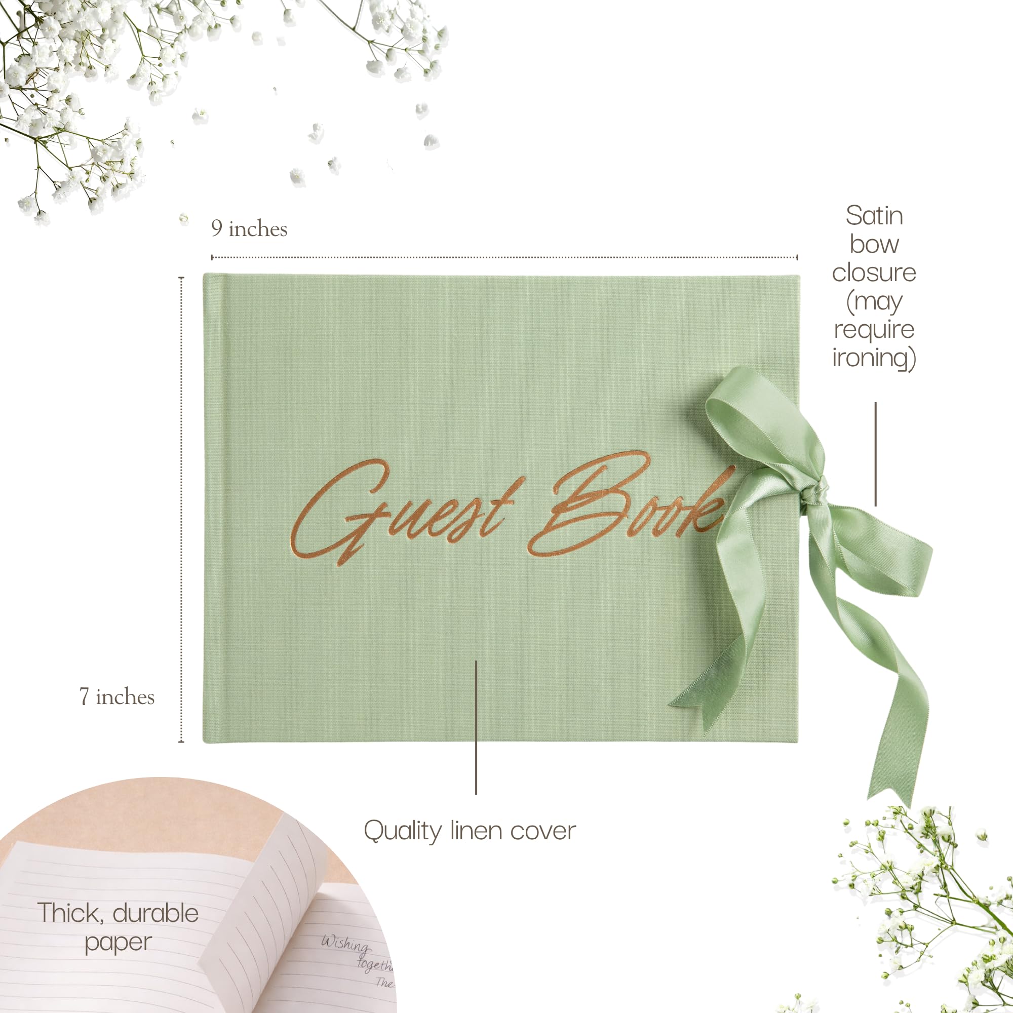 Elegante libro degli ospiti per matrimonio, con tasca per ricordi + chiusura a fiocco, copertina in lino, 120 pagine a righe, libro degli ospiti, ricevimenti nuziali, baby shower e funerali (verde