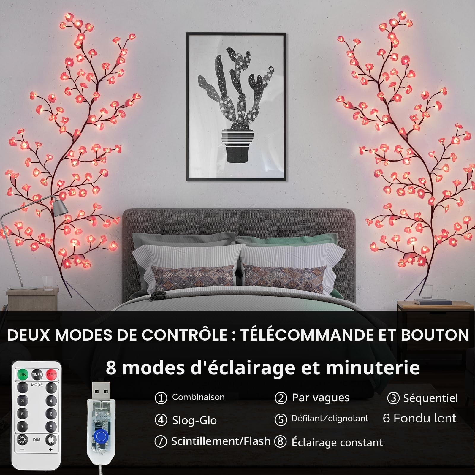 Branches de fleurs de cerisier LED - 180 cm - 96 LED - Décoration murale - Guirlande lumineuse en rotin blanc chaud avec 8 modes et télécommande - Décoration idéale pour chambre à coucher, salon et