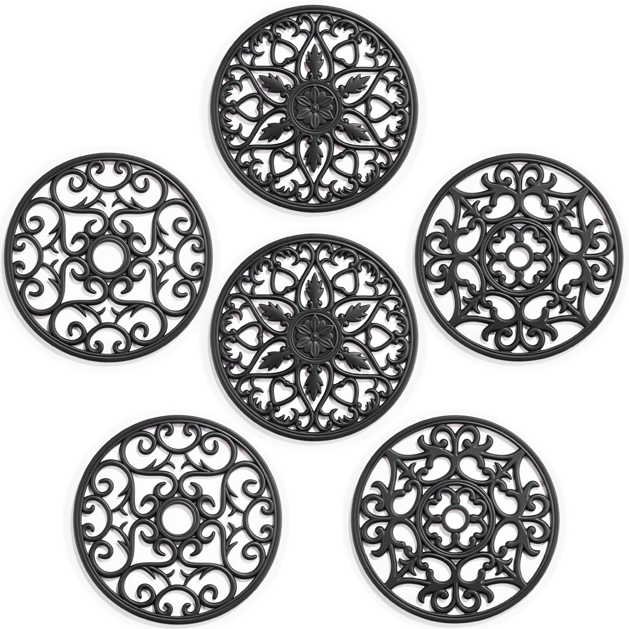 SMARTAKE 6 Set Silicone Trivet Mats, Multi-Use Intricately Carved Coasters, Insulated Non-Slip Durable Kitchen Mats, Flexible Modern Kitchen Table Mat, for Hot Dishes, Pots, Countertop (Black)